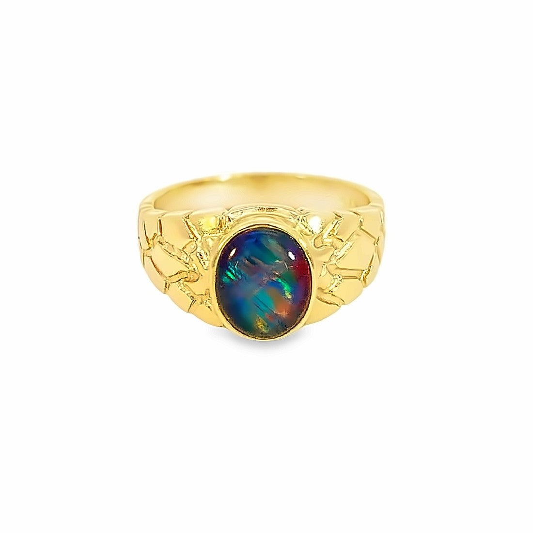 One 9kt Yellow Gold signet pattern ring set with one 10x8mm Opal triplet - Masterpiece Jewellery Opal & Gems Sydney Australia | Online Shop