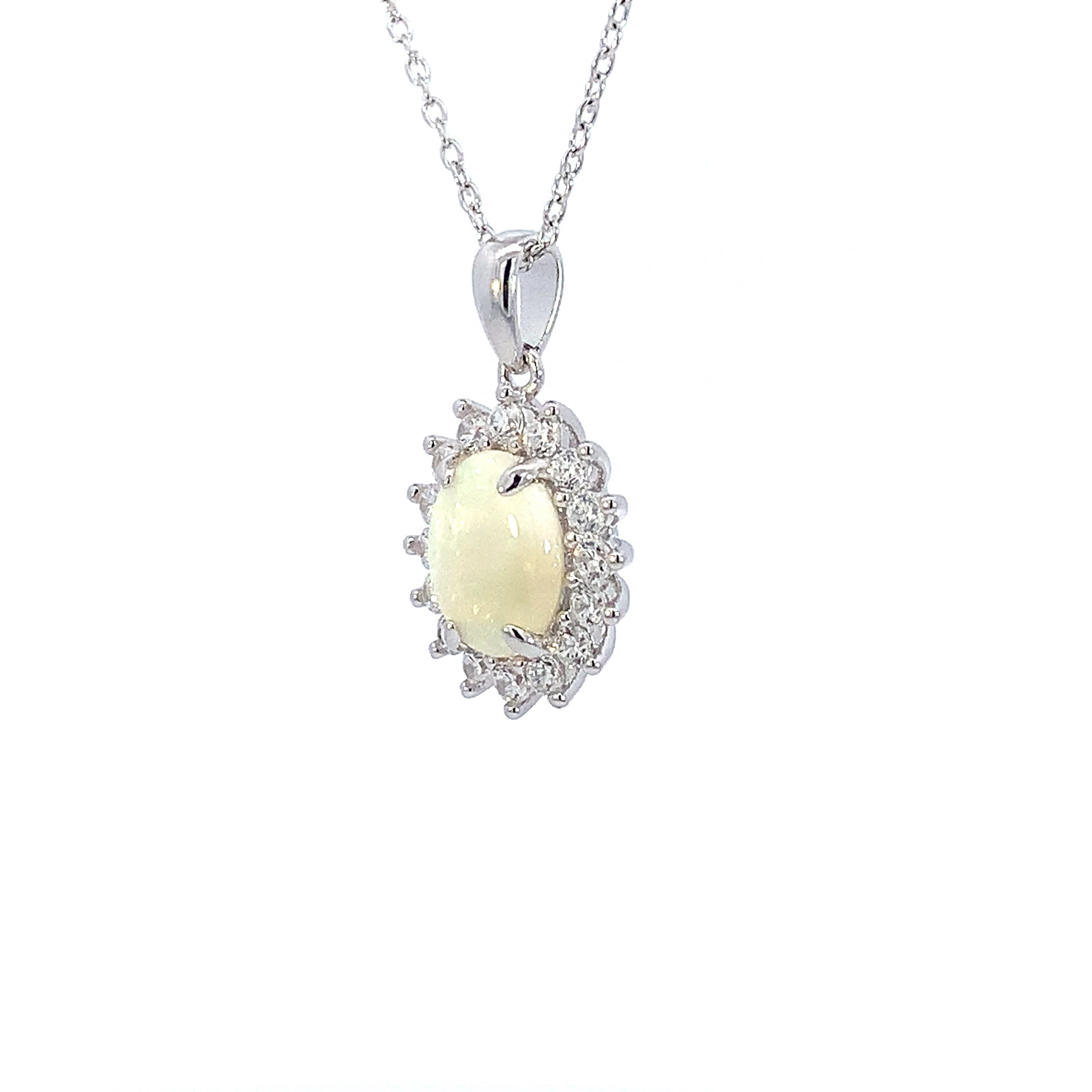 Sterling Silver 9x7mm White Opal pendant Necklace in cluster setting - Masterpiece Jewellery Opal & Gems Sydney Australia | Online Shop