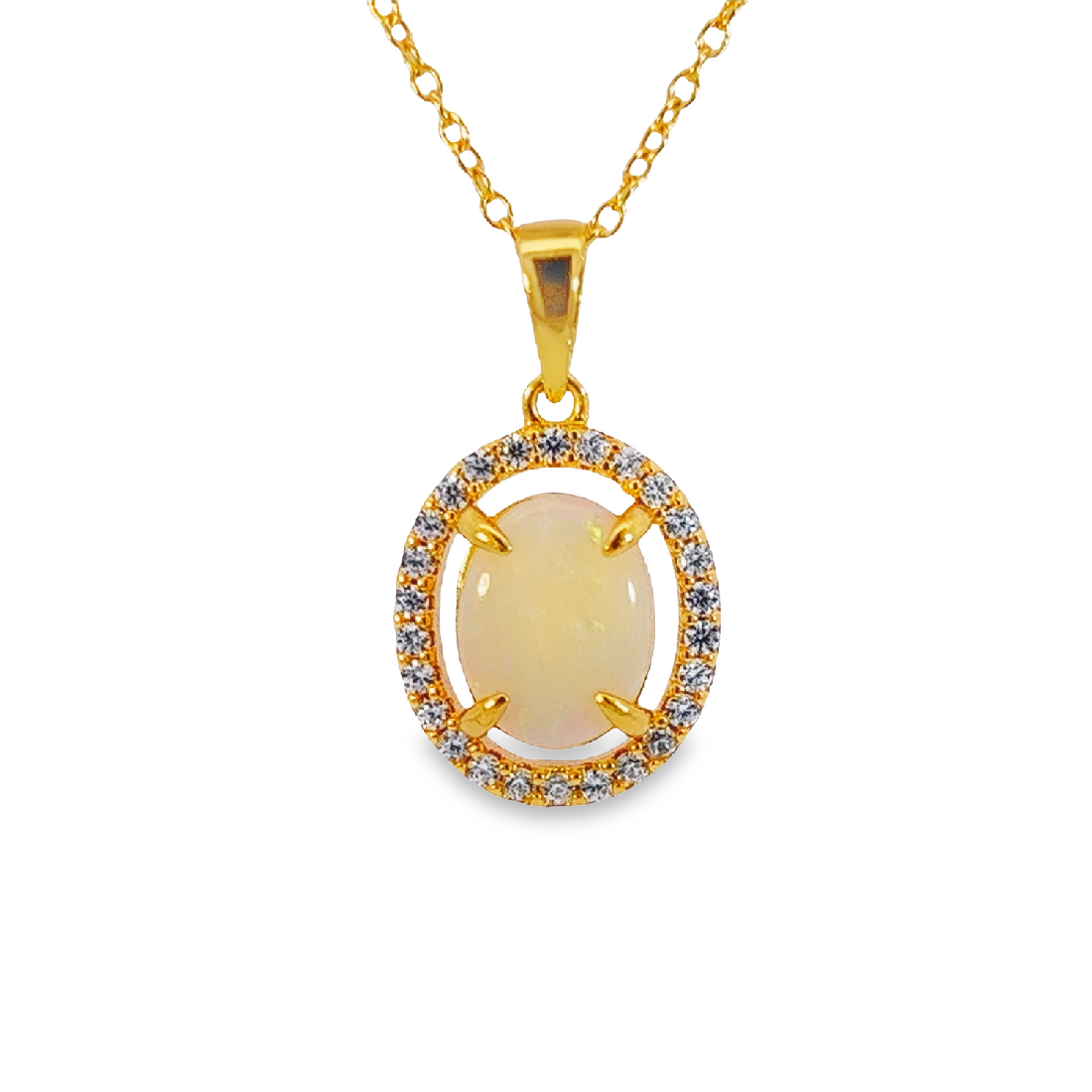 Gold plated Sterling Silver 9x7mm White Opal halo pendant - Masterpiece Jewellery Opal & Gems Sydney Australia | Online Shop