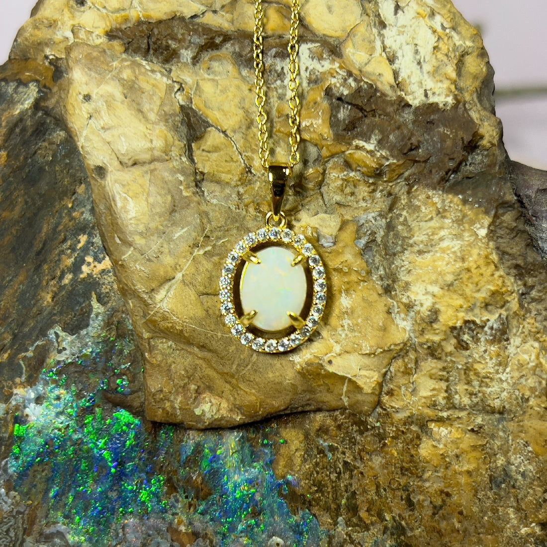 Gold plated Sterling Silver 9x7mm White Opal halo pendant - Masterpiece Jewellery Opal & Gems Sydney Australia | Online Shop