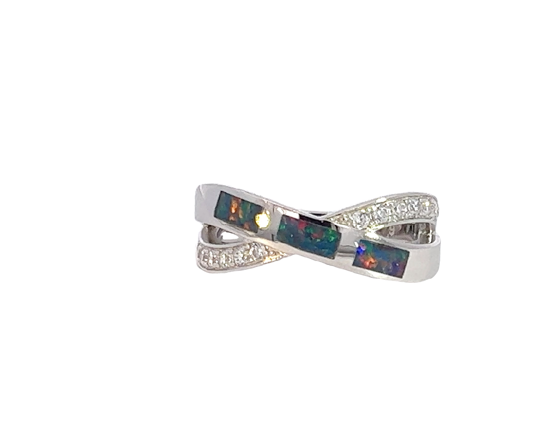 Sterling Silver Opal cross over inlay ring - Masterpiece Jewellery Opal & Gems Sydney Australia | Online Shop