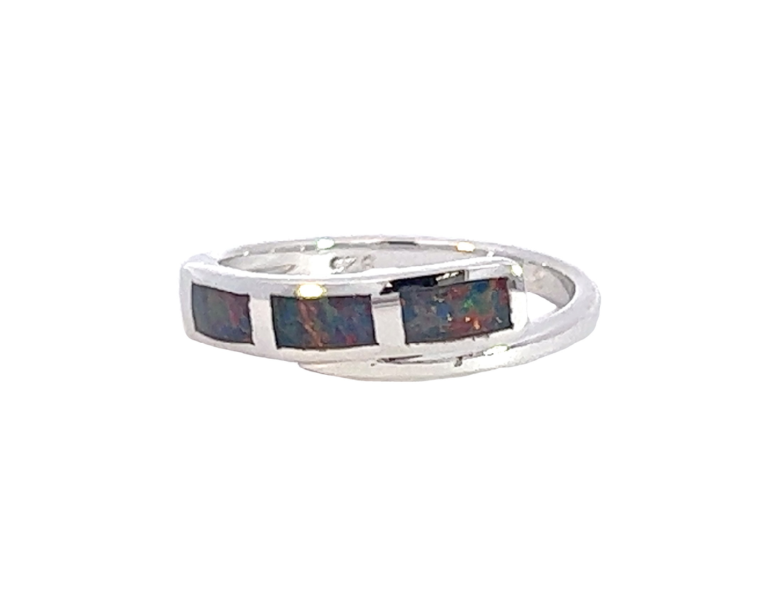 Sterling Silver cross over inlay opal ring - Masterpiece Jewellery Opal & Gems Sydney Australia | Online Shop