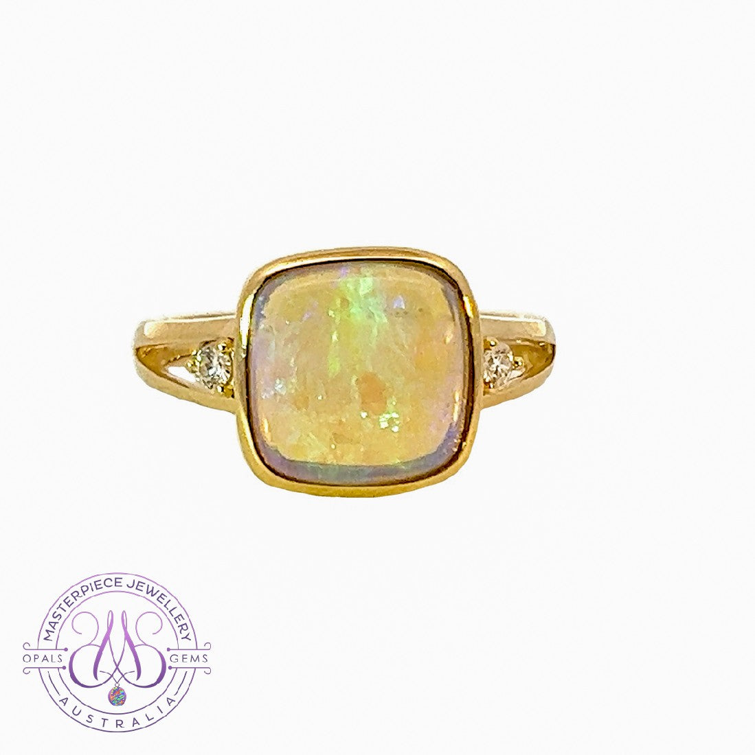 14kt Yellow Gold square Crystal Opal and diamond ring - Masterpiece Jewellery Opal & Gems Sydney Australia | Online Shop