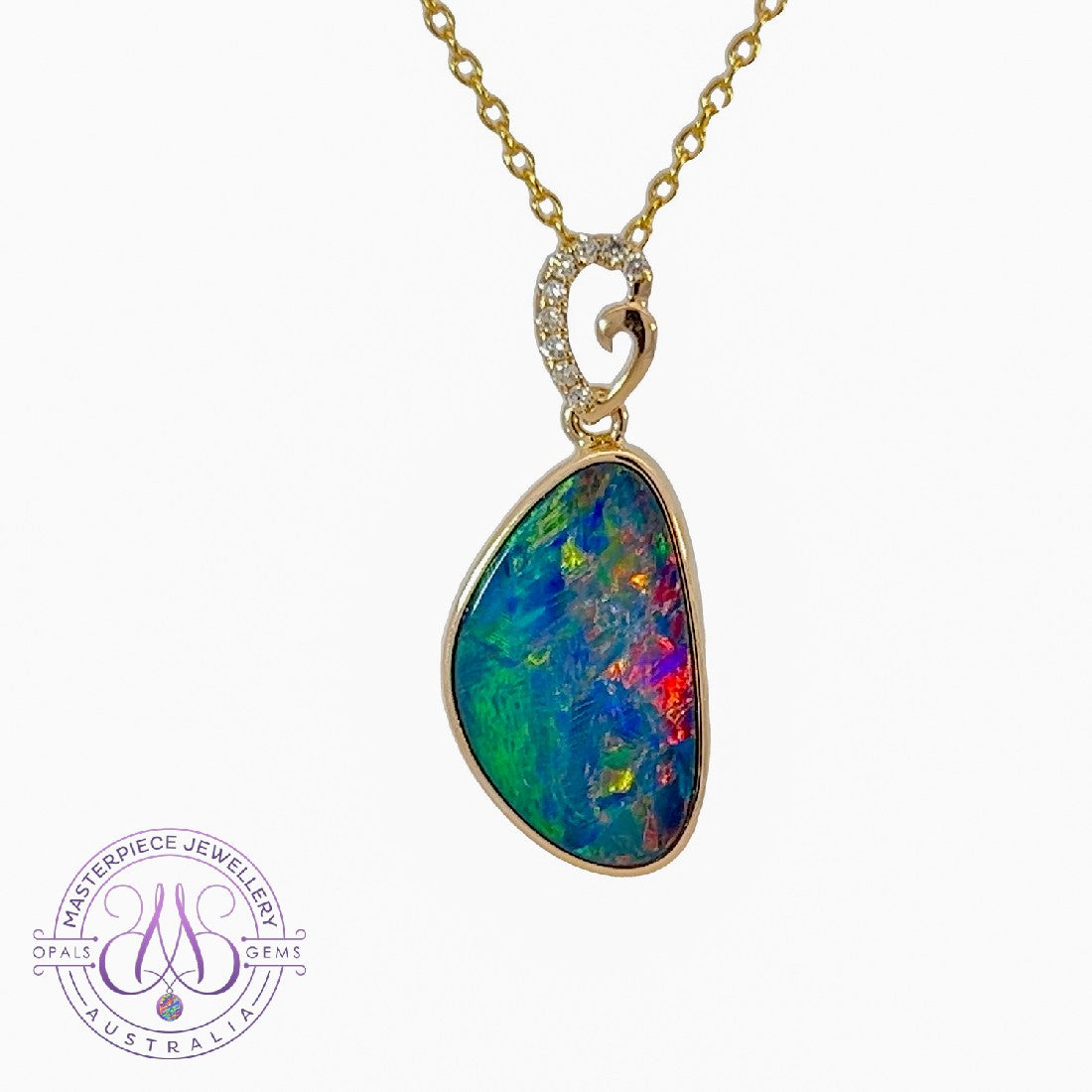 14kt Yellow Gold Red Opal doublet and diamond loop pendant - Masterpiece Jewellery Opal & Gems Sydney Australia | Online Shop