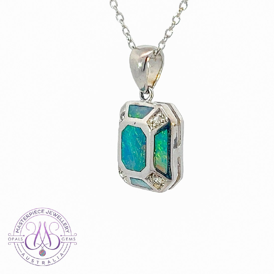 Sterling Silver Opal inlay rectanular shape necklace - Masterpiece Jewellery Opal & Gems Sydney Australia | Online Shop