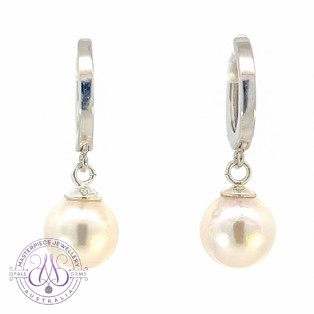 Pair of Sterling Silver 8-8.5mm Akoya pearls on huggies - Masterpiece Jewellery Opal & Gems Sydney Australia | Online Shop