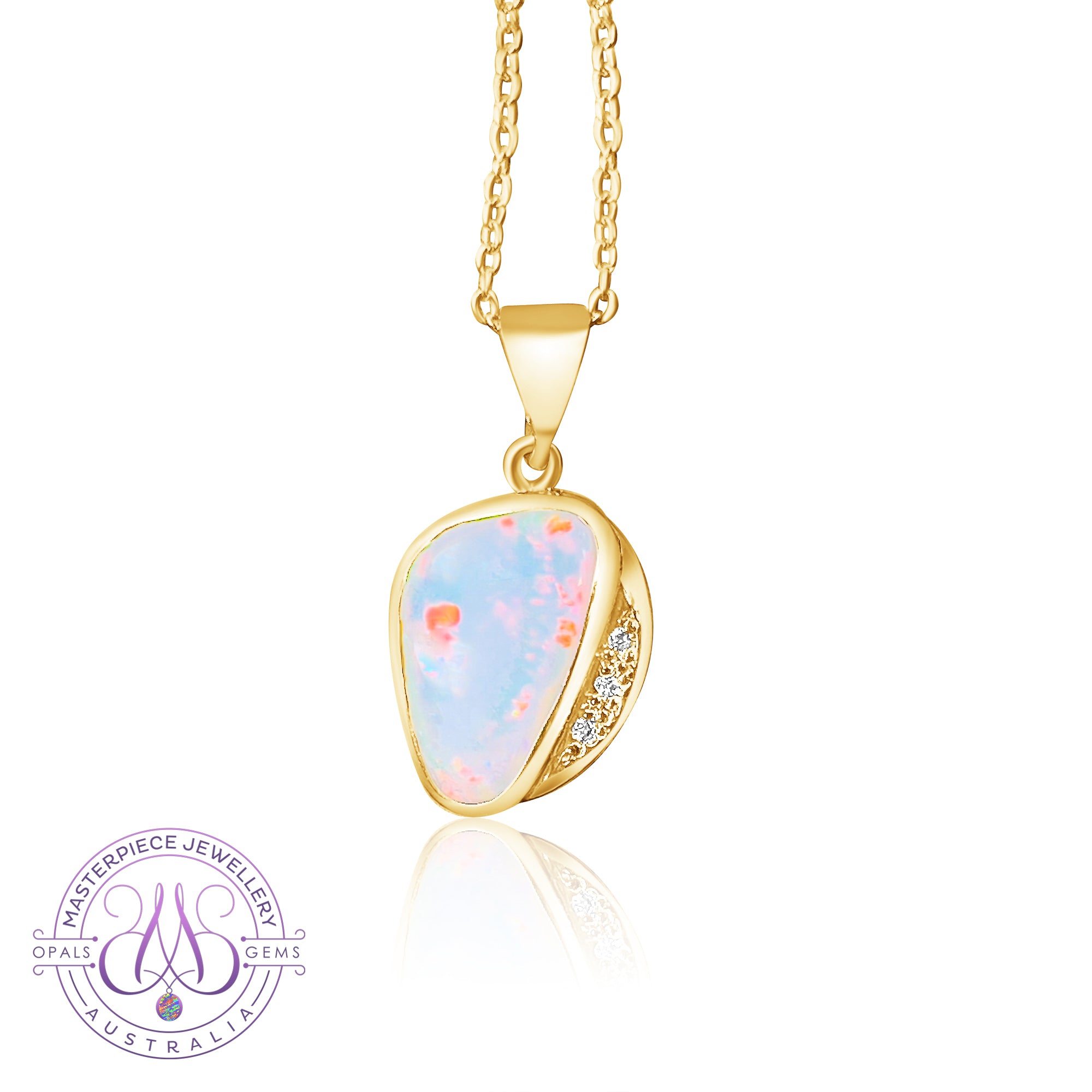 18kt Yellow Gold White Opal red fire and diamond pendant - Masterpiece Jewellery Opal & Gems Sydney Australia | Online Shop