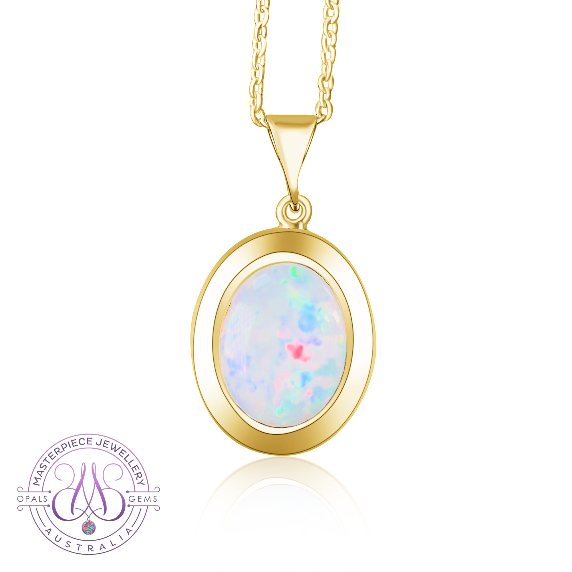 18kt Yellow Gold bezel set oval white opal 2.2ct pendant - Masterpiece Jewellery Opal & Gems Sydney Australia | Online Shop