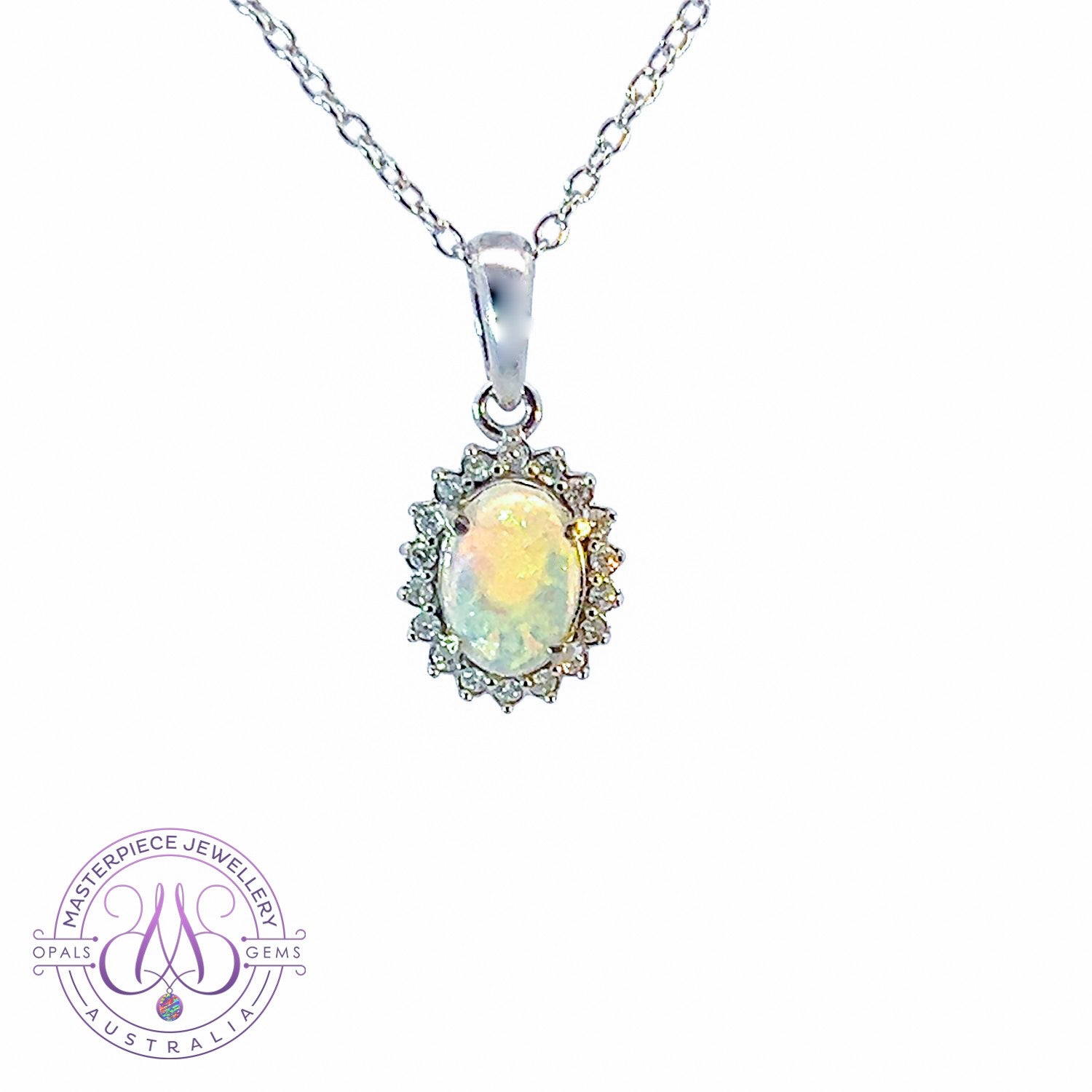 9kt White Gold cluster White Opal 7x5mm diamond cluster pendant - Masterpiece Jewellery Opal & Gems Sydney Australia | Online Shop