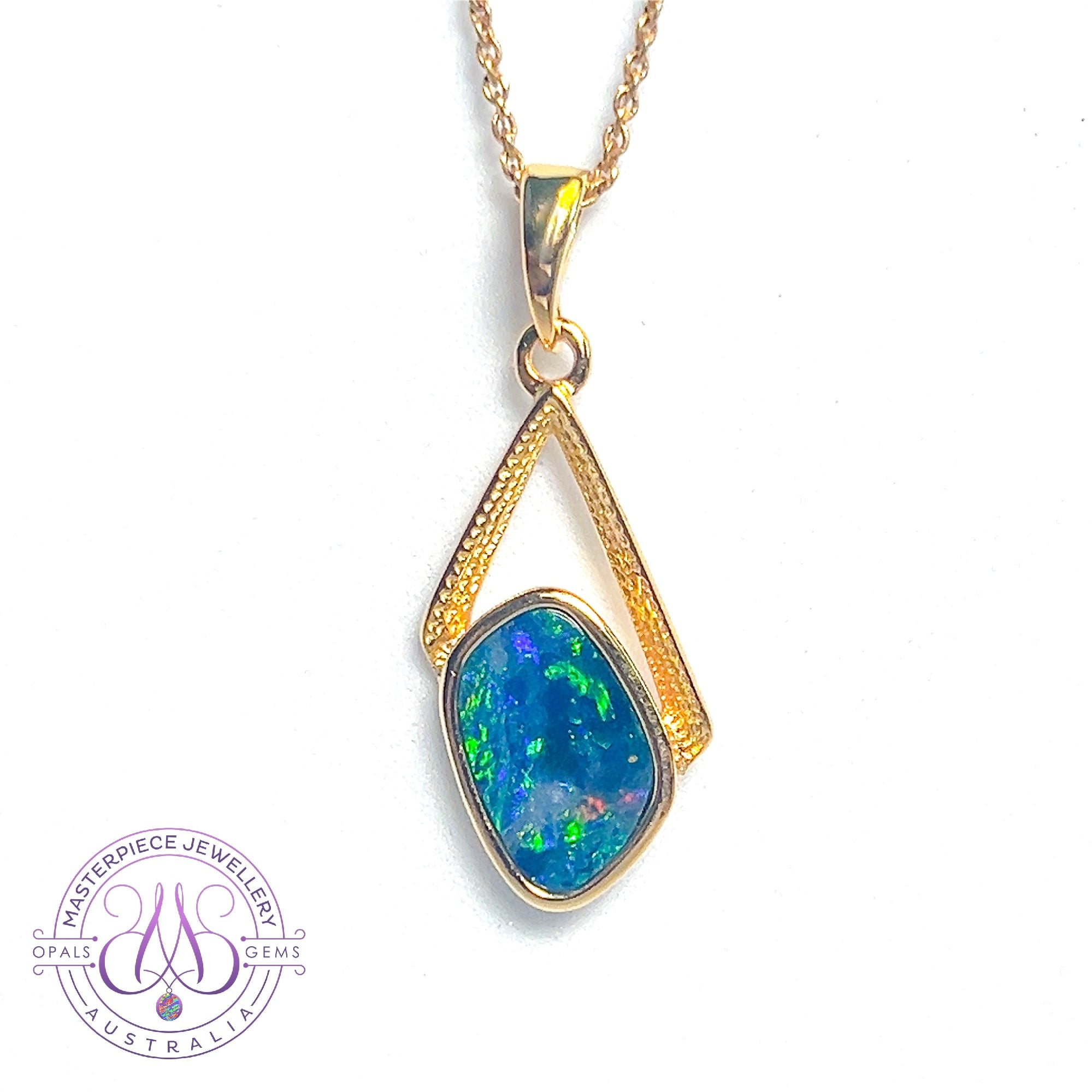 Gold plated Silver freeform Blue Green Opal doublet pendant