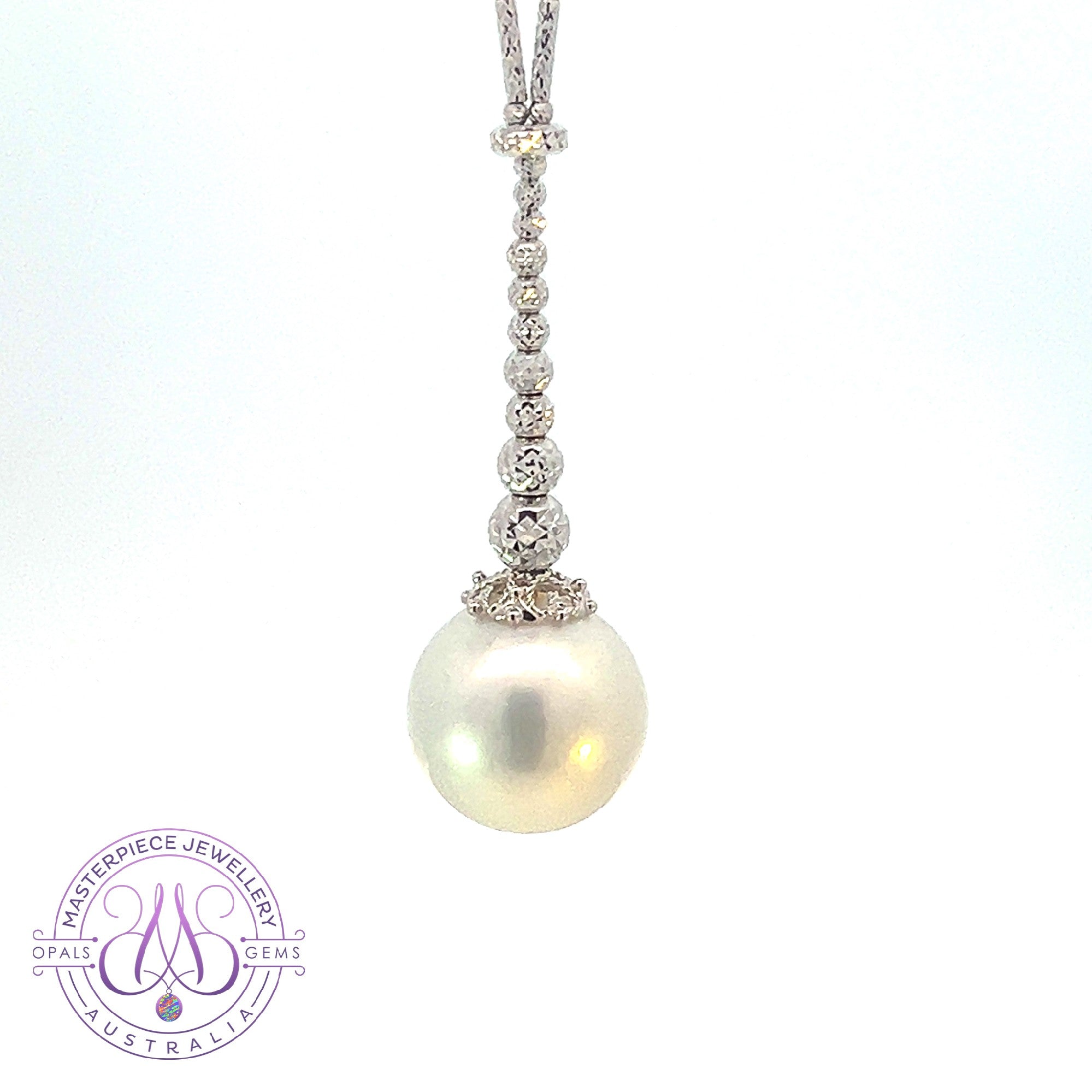 18kt White Gold diamond cut necklace with South Sea Pearl wire style