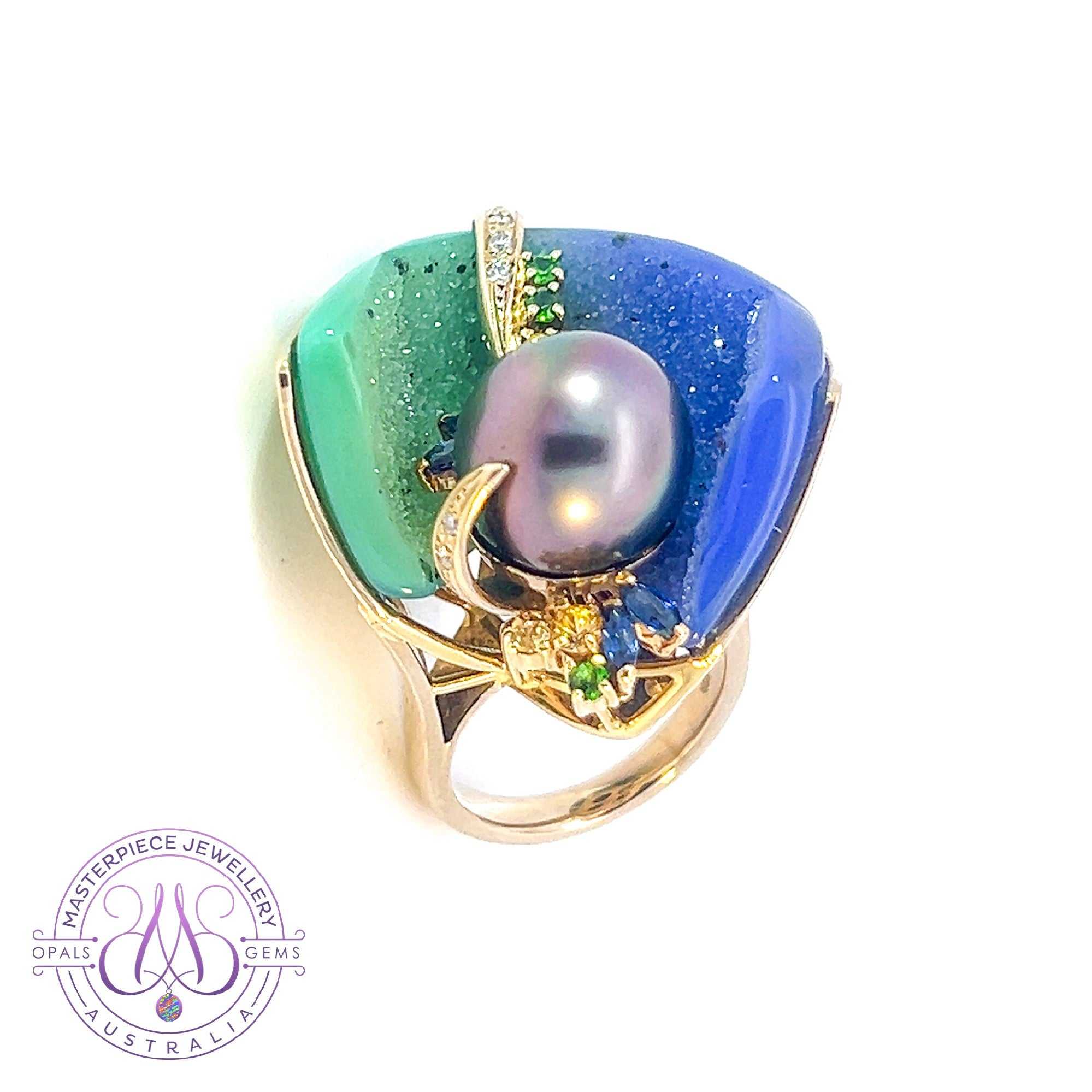 18kt Yellow Gold Tahitian Pearl ,Agate, diamond and sapphire ring