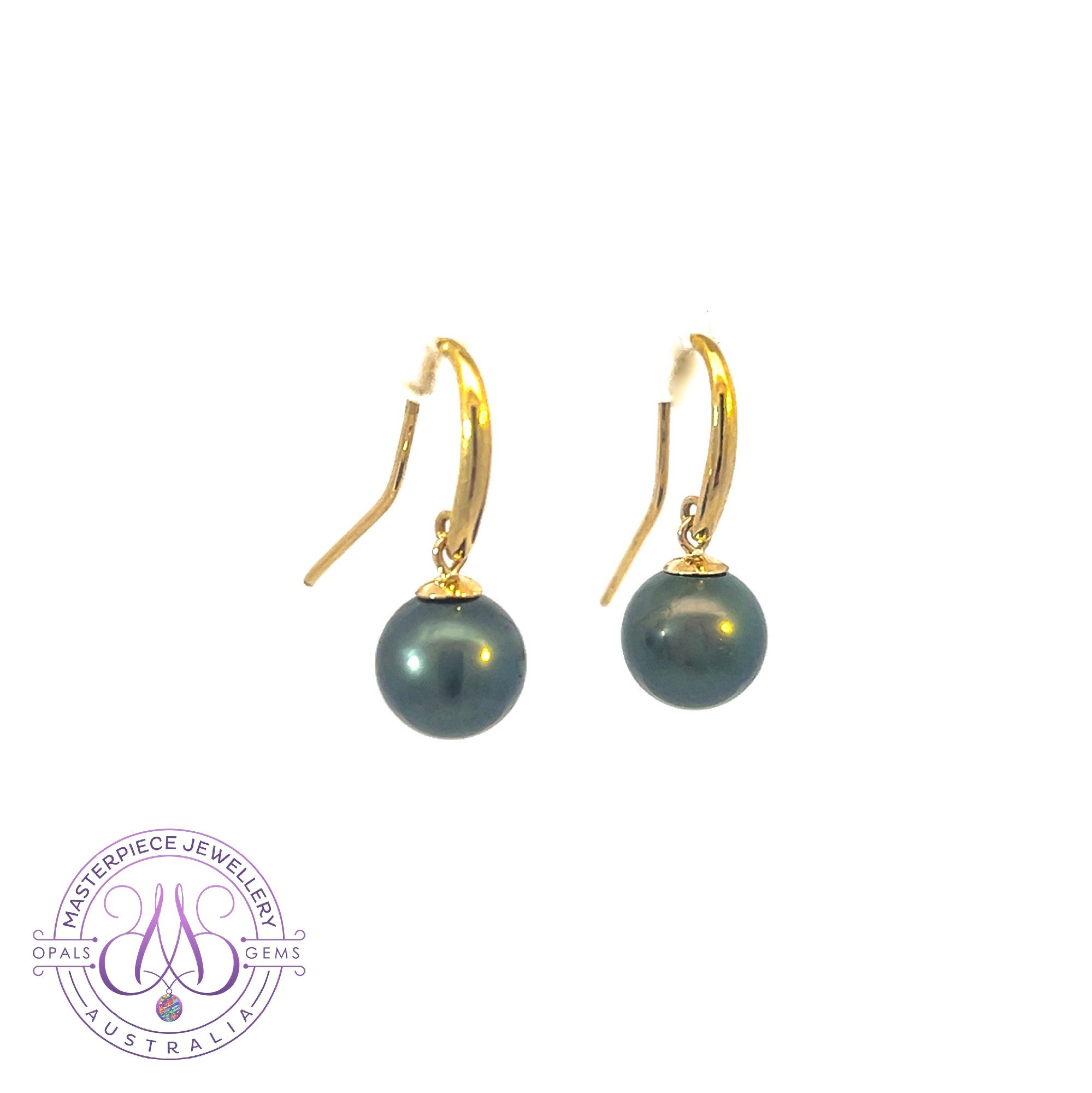 9kt Yellow gold dangling Tahitian Black Pearls 8.5-9mm earrings