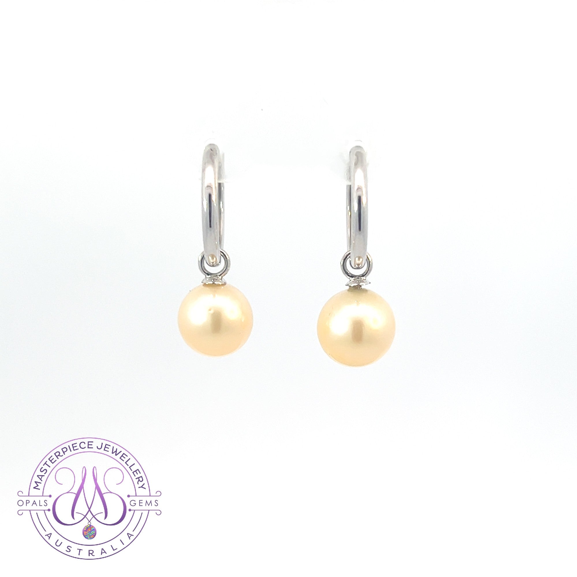 18kt White Gold Huggie Round style dangling 9-9.5mm South Sea Pearl Champagne earrings