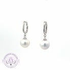 18kt White Gold dangling U-shape huggies with 8-8.5mm South Sea Pearls earrings