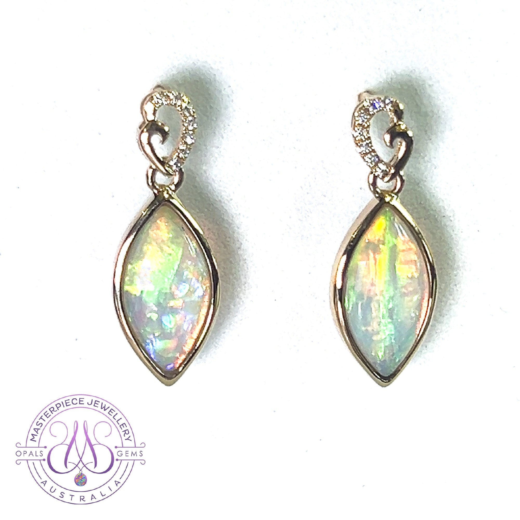 14kt Yellow Gold dangling earrings Marquise shape Crystal Opal 2.06ct and Diamonds
