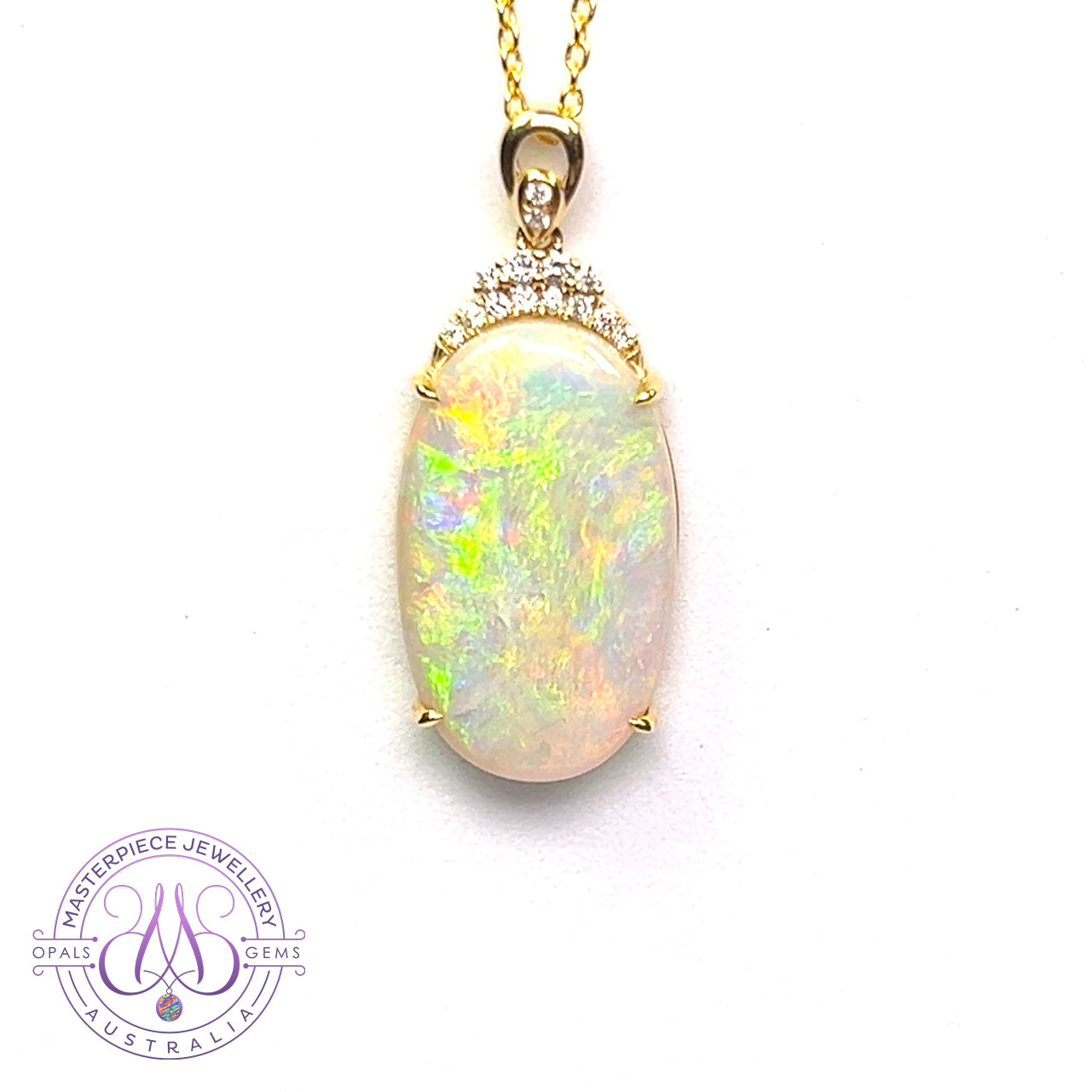 14kt Yellow Gold Large Oval shape Light Opal 10.67ct and Diamond pendant