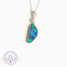 14kt White Gold triangle shape Blue Green Opal doublet and diamond pendant