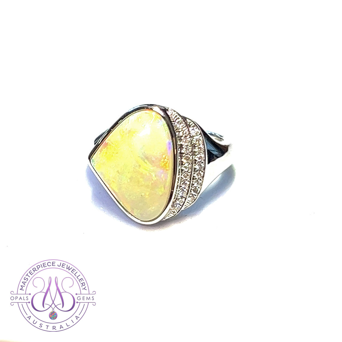 14kt White Gold Light Opal triangular and double row diamond ring