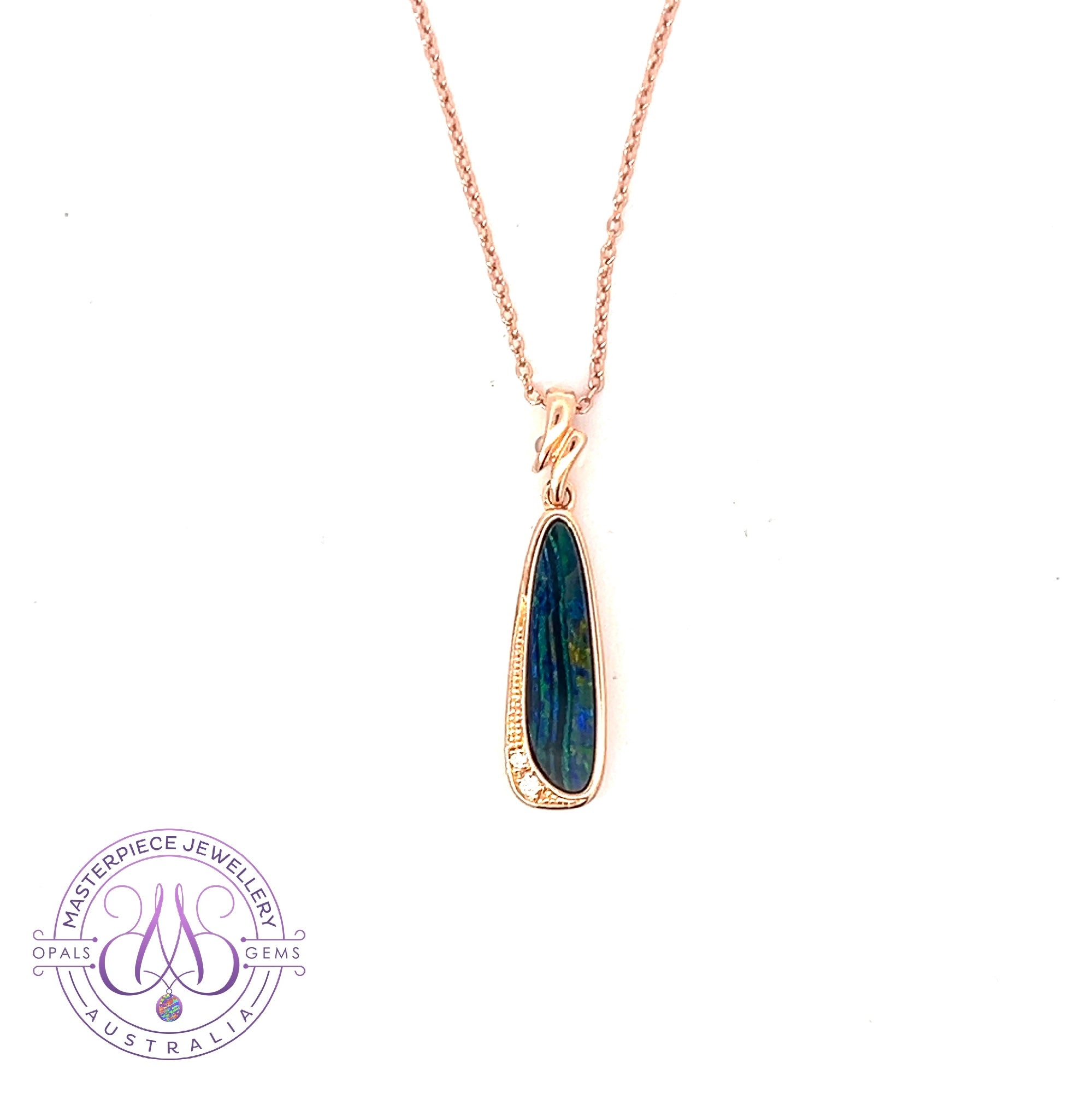 Rose Gold plated Sterling Silver Opal doublet long thin drop pendant