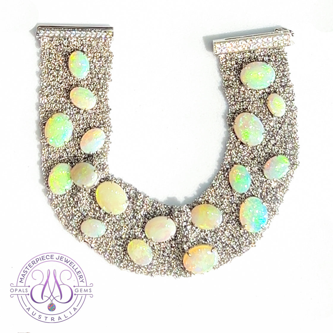 Sterling Silver chain mail wide bracelet with 16.72ct Opals