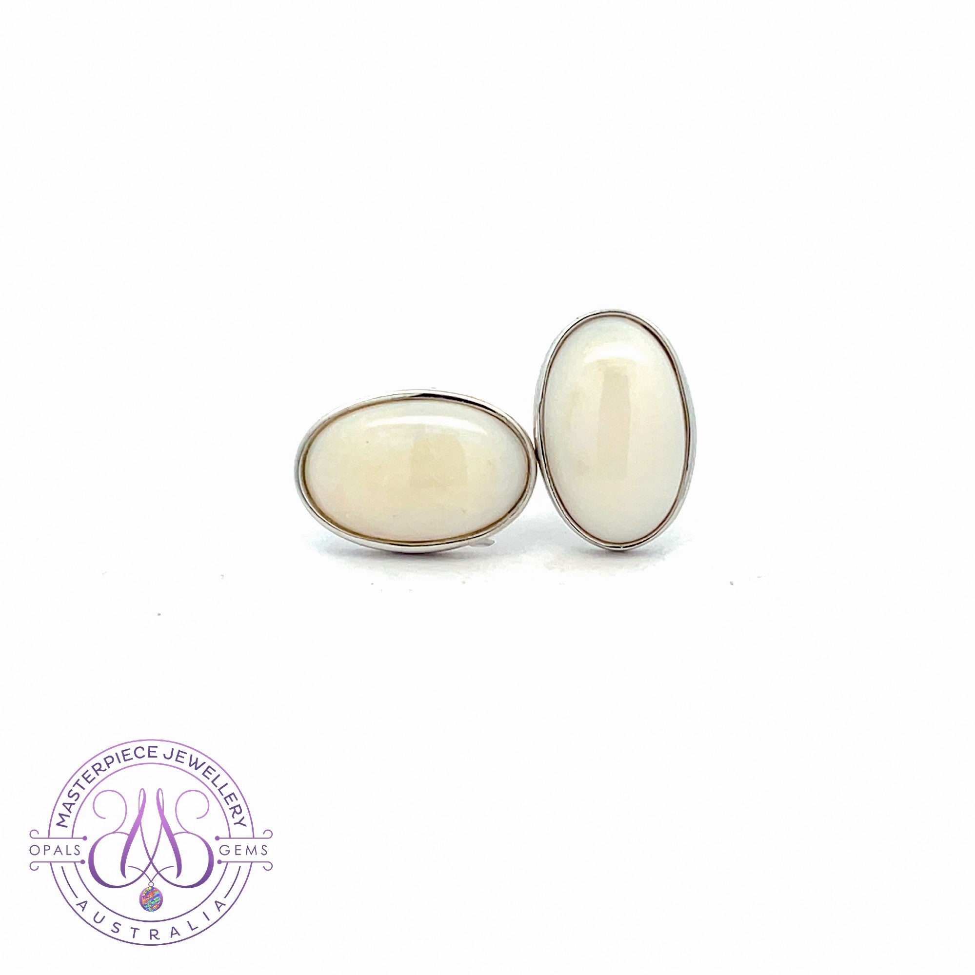 Sterling Silver White Opal bezel studs 13x8mm