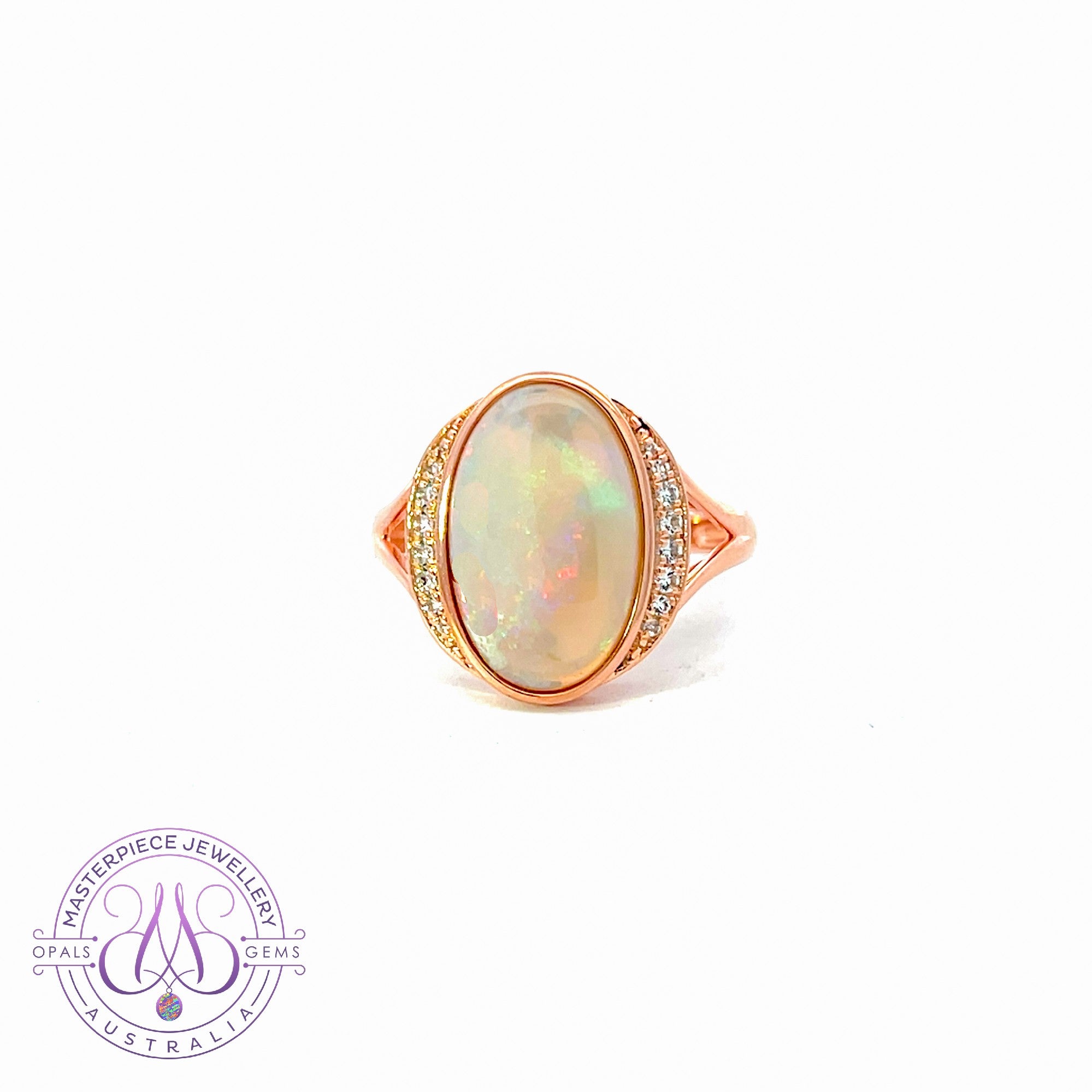 Rose Gold plated Silver White Opal and cz ring 15x9mm