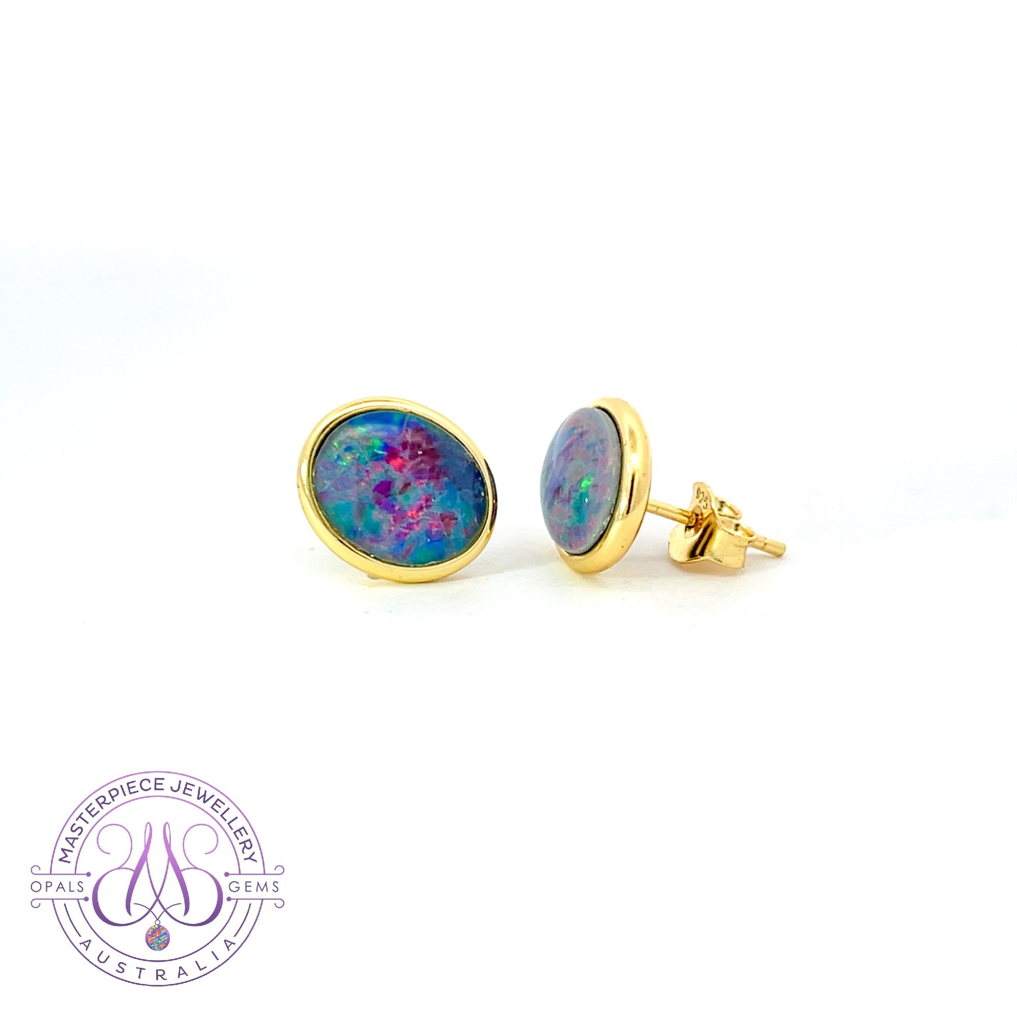 Gold Plated Sterling Silver 10x8mm Opal triplet Oval bezel set studs