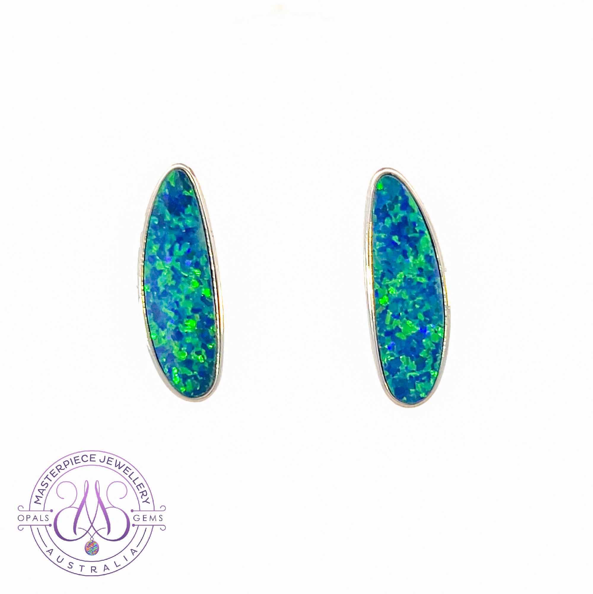 Pair of Sterling Silver freeform Blue Green Opal doublets long studs