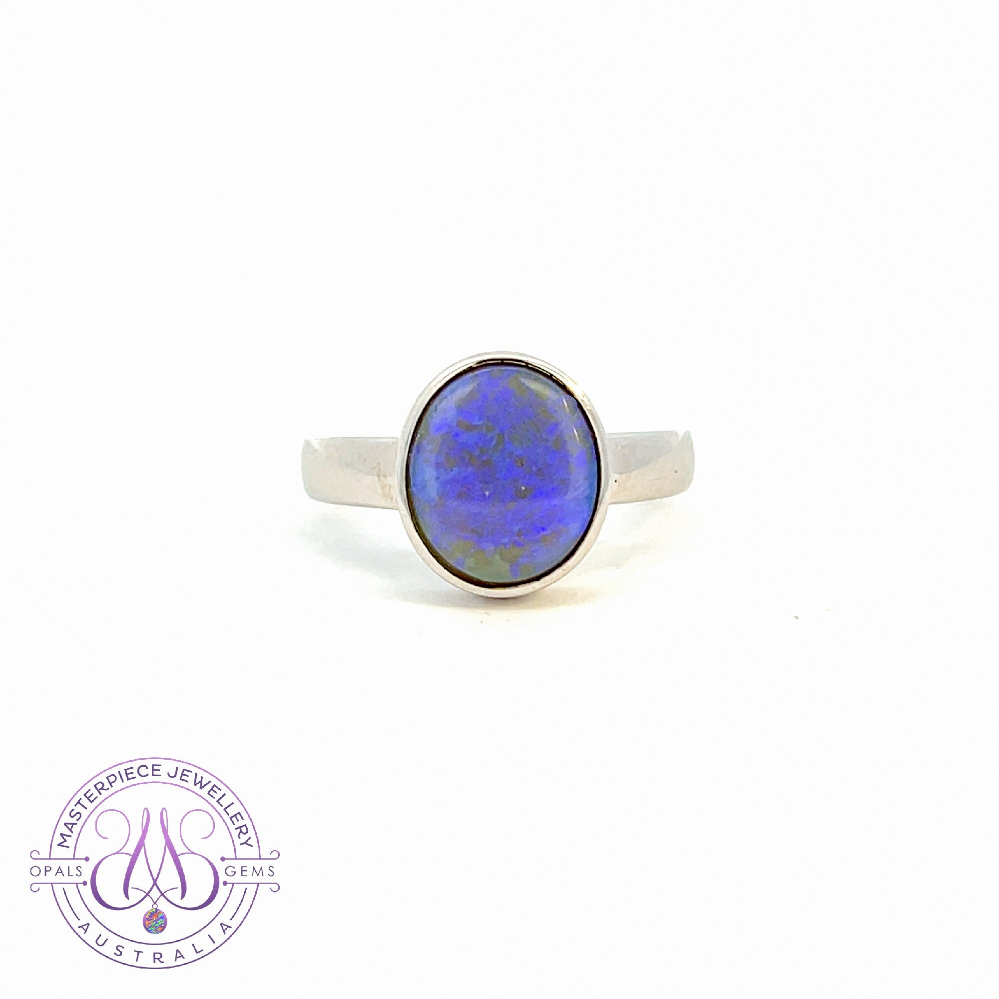 Sterling Silver bezel set 2.43ct Light Blue Violet Black Opal ring