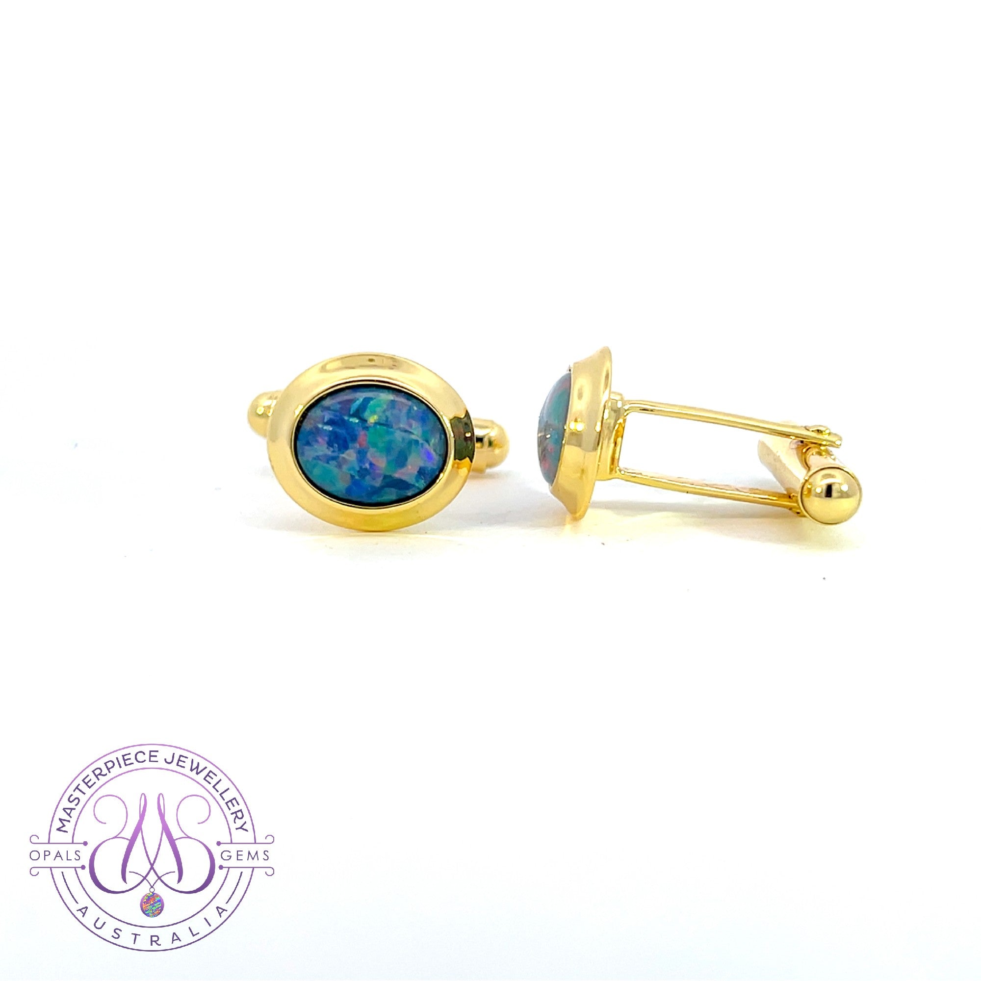 Gold plated sterling silver cufflinks double tube with 10x8mm Opal triplets