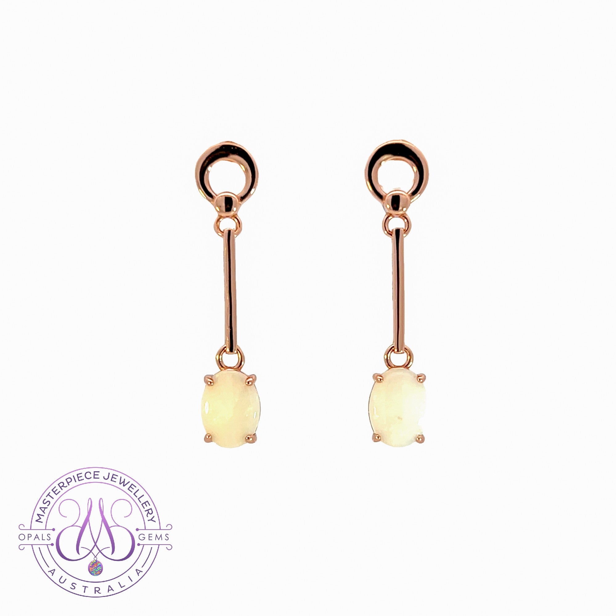 Rose Gold plated Silver dangling claw set White Opal earrings