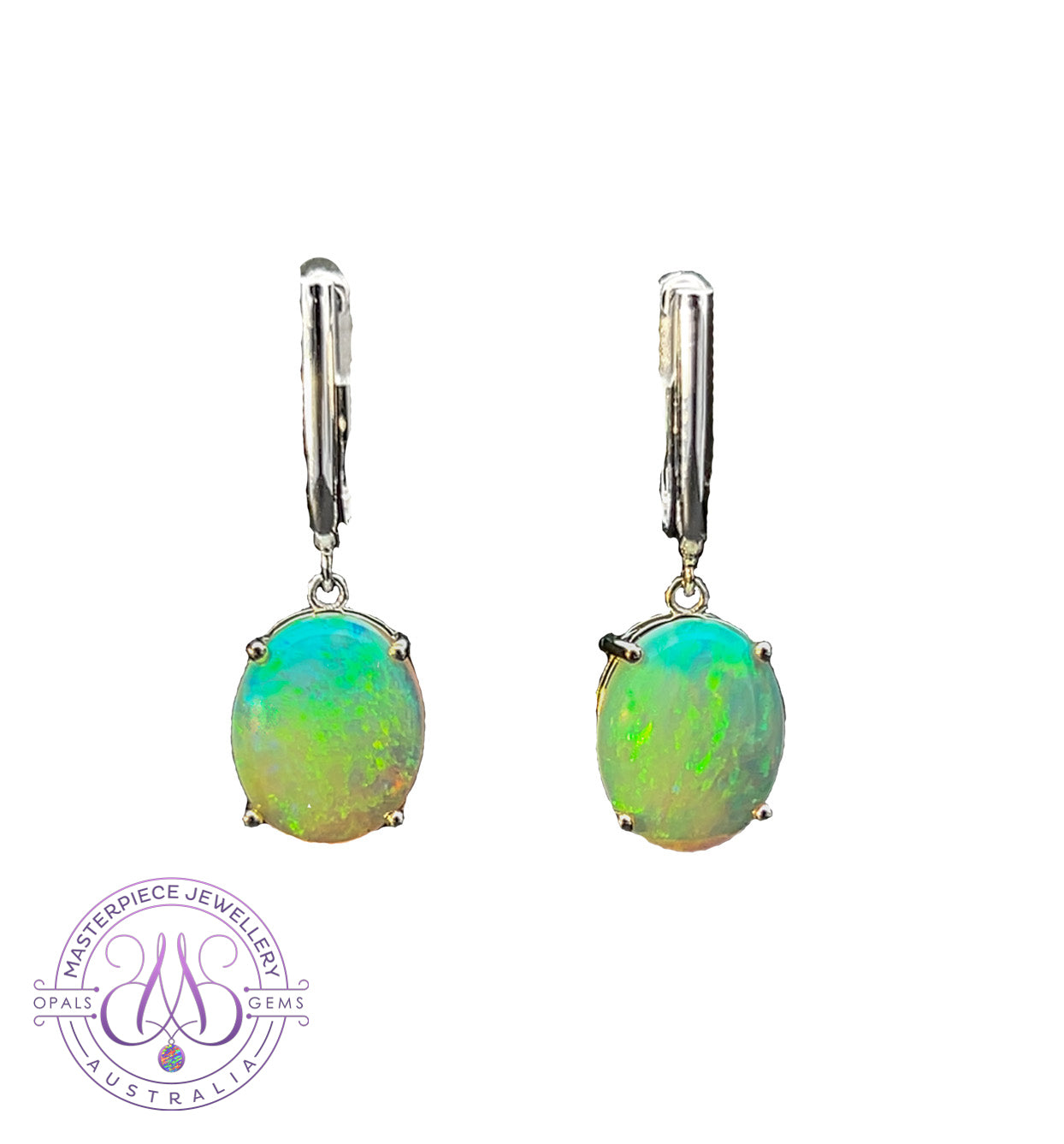 14kt White gold Huggie U-shape dangling Crystal Opal 3.97ct earrings