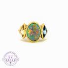 18kt Yellow Gold Black Opal 4.67ct with Blue and yellow Sapphires kite shape