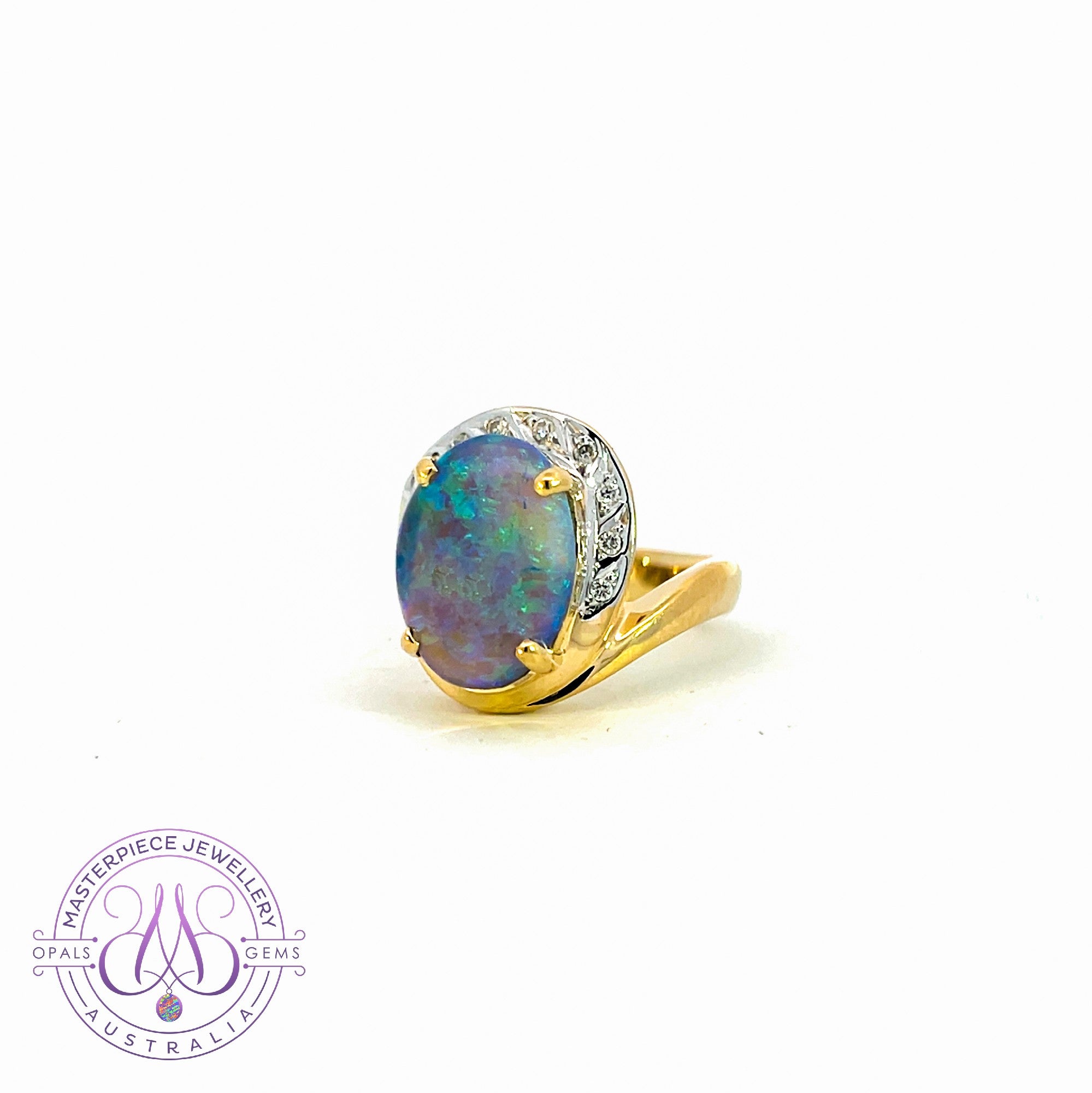 18kt Yellow Gold cross over style Black Opal 3.98ct and diamond ring