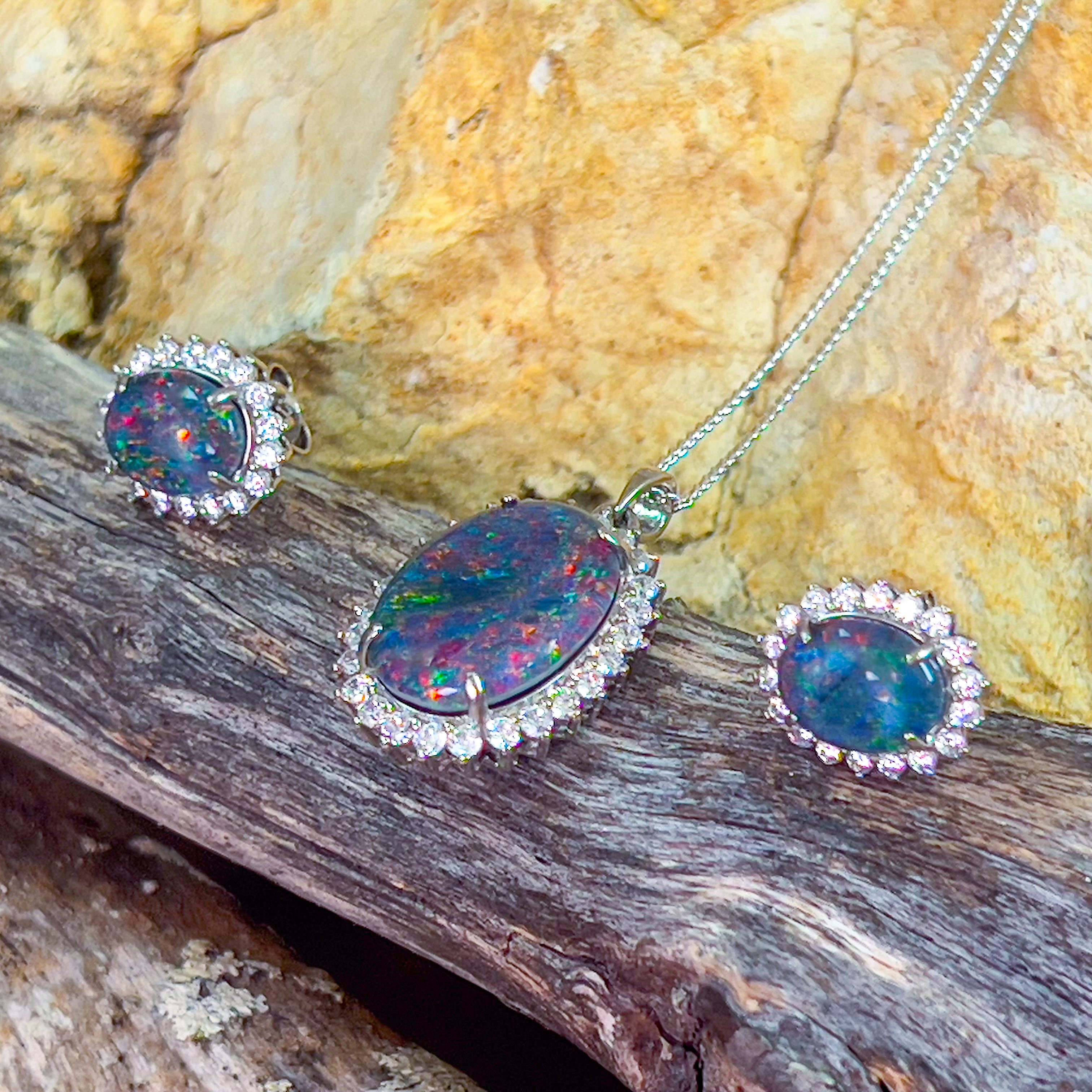 Sterling Silver Opal triplet cluster pendant and earrings set - Masterpiece Jewellery Opal & Gems Sydney Australia | Online Shop