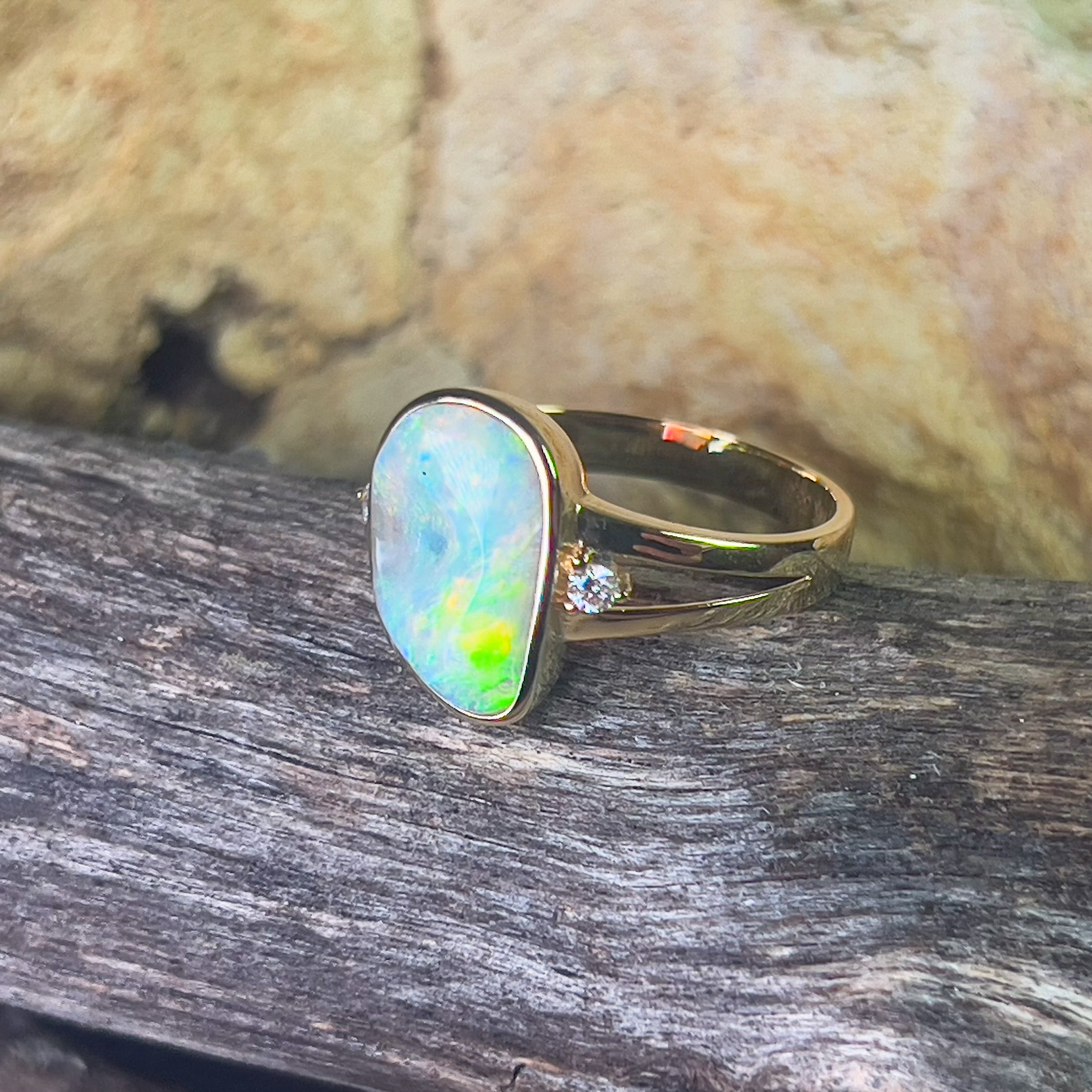 14kt Yellow gold freeform 1.53ct Crystal Opal and diamond ring - Masterpiece Jewellery Opal & Gems Sydney Australia | Online Shop