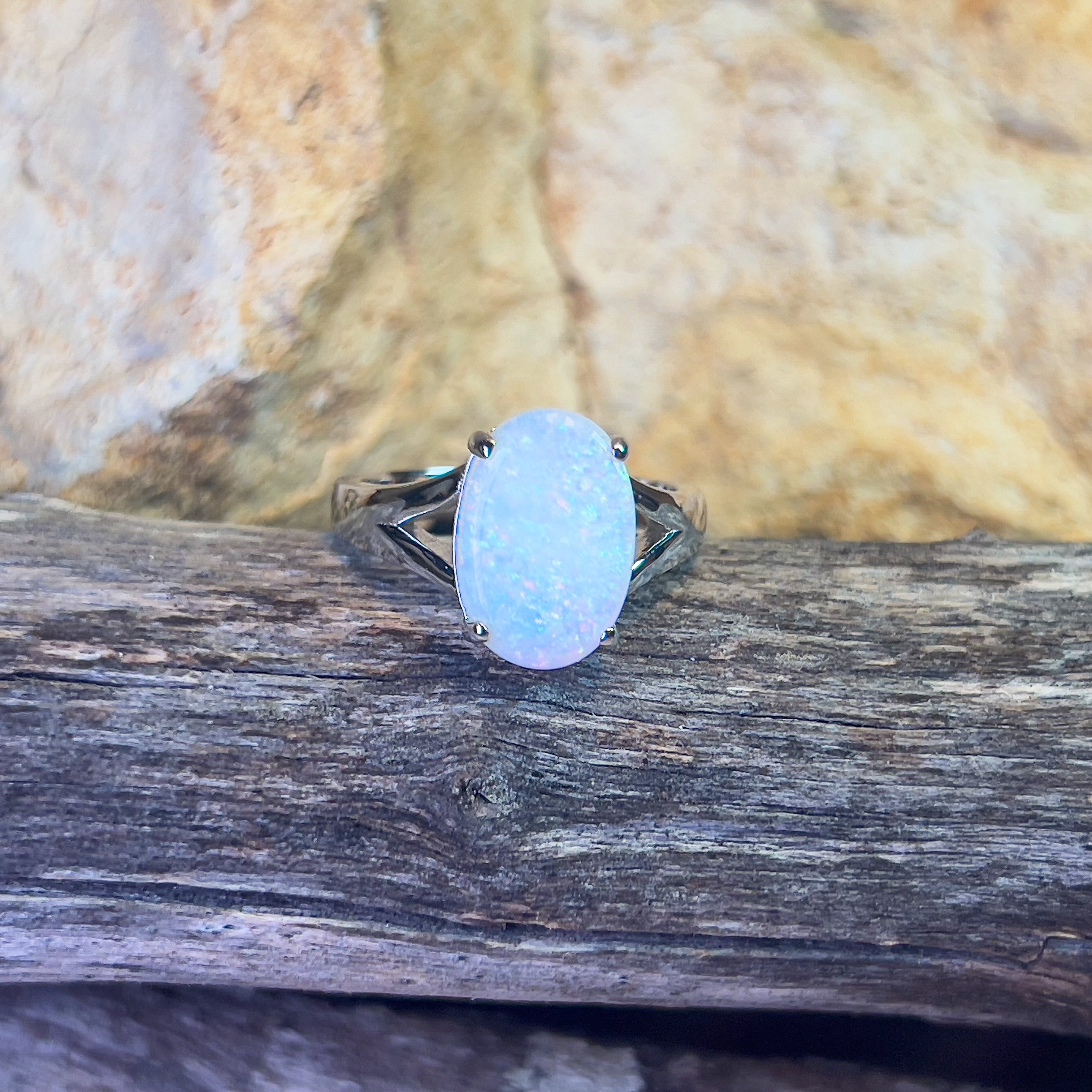 Sterling Silver split shank White Opal 2.25ct ring claw set - Masterpiece Jewellery Opal & Gems Sydney Australia | Online Shop