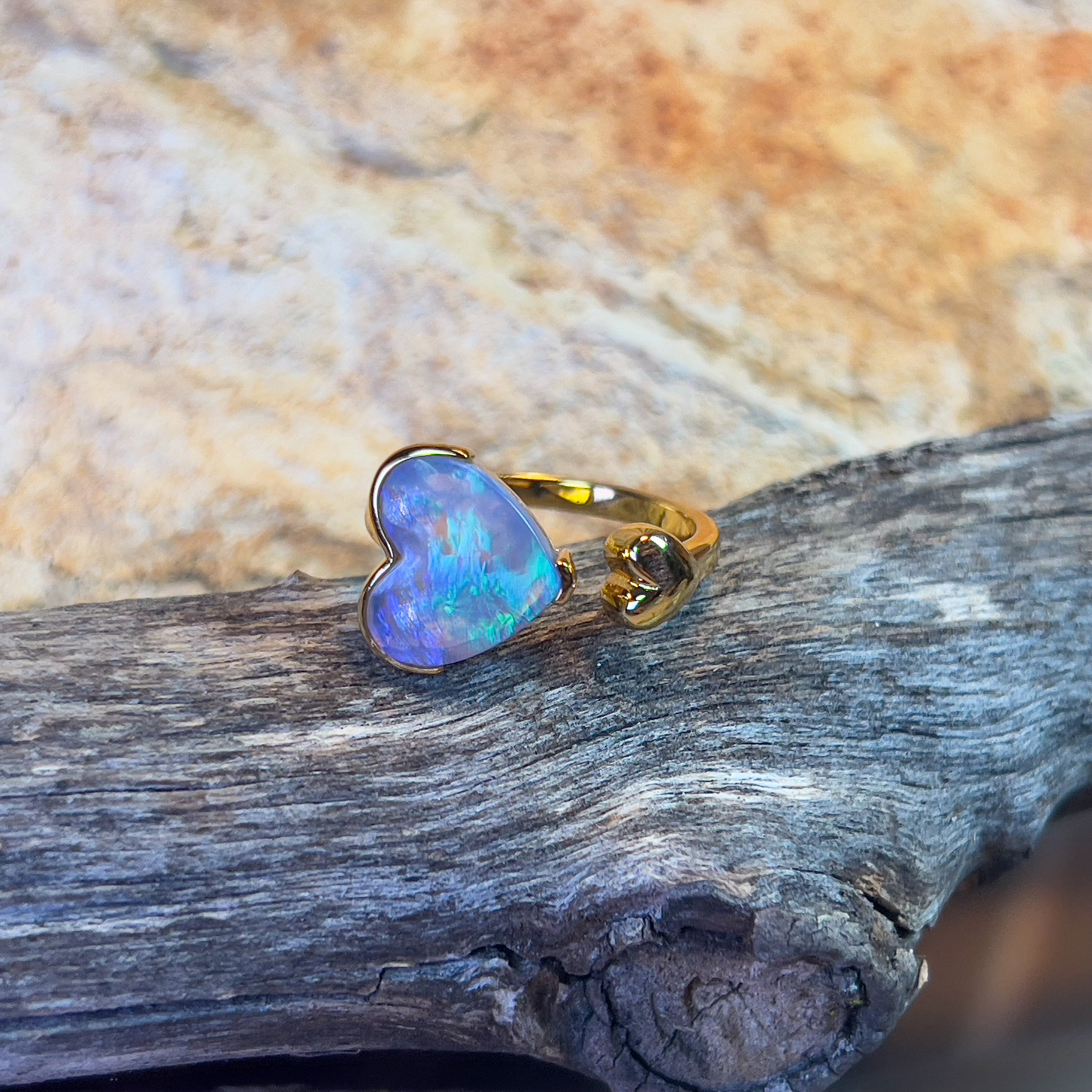 Gold Plated Sterling Silver split ring with Heart Shape Black Opal 2.23ct - Masterpiece Jewellery Opal & Gems Sydney Australia | Online Shop