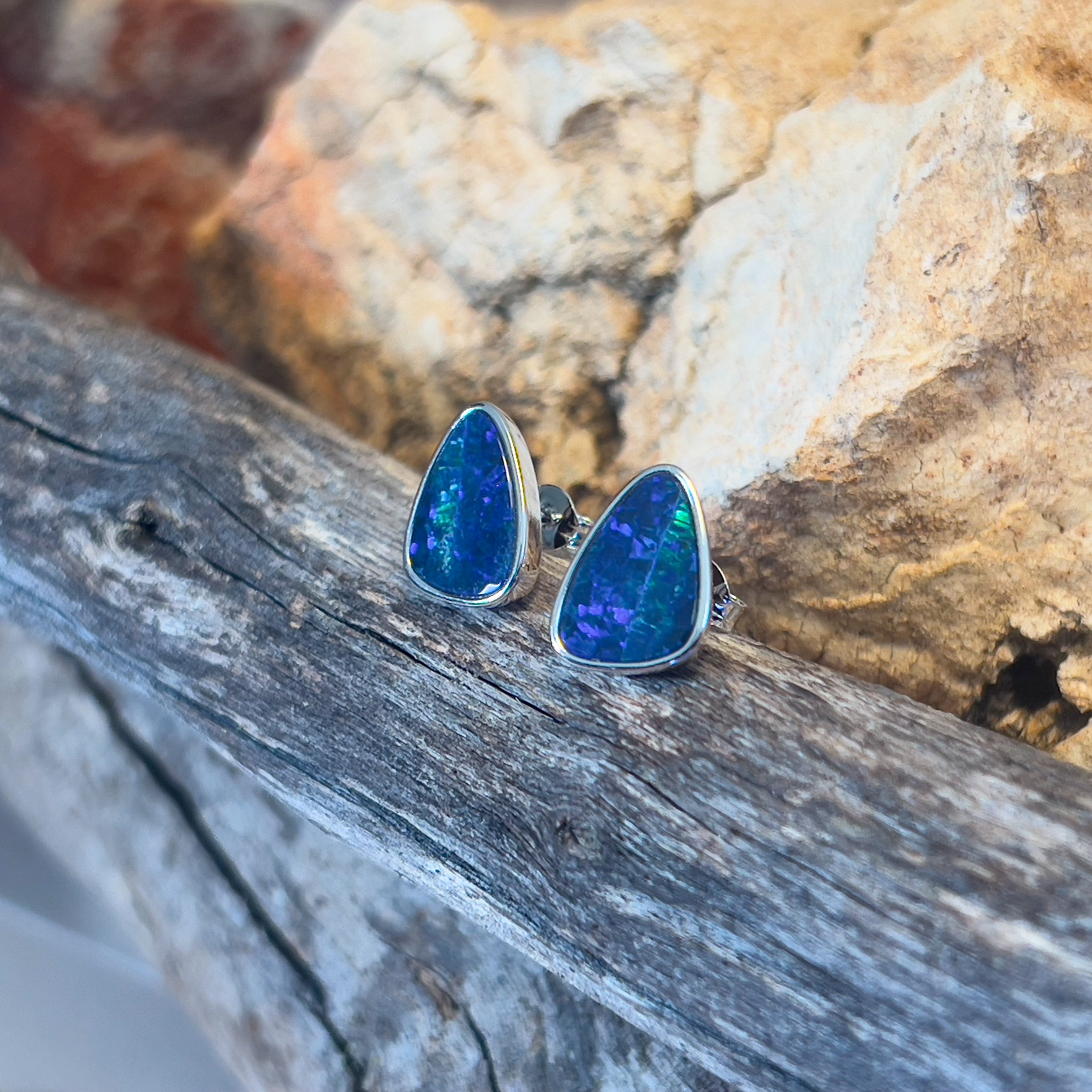 Sterling Silver freeform blue opal studs - Masterpiece Jewellery Opal & Gems Sydney Australia | Online Shop