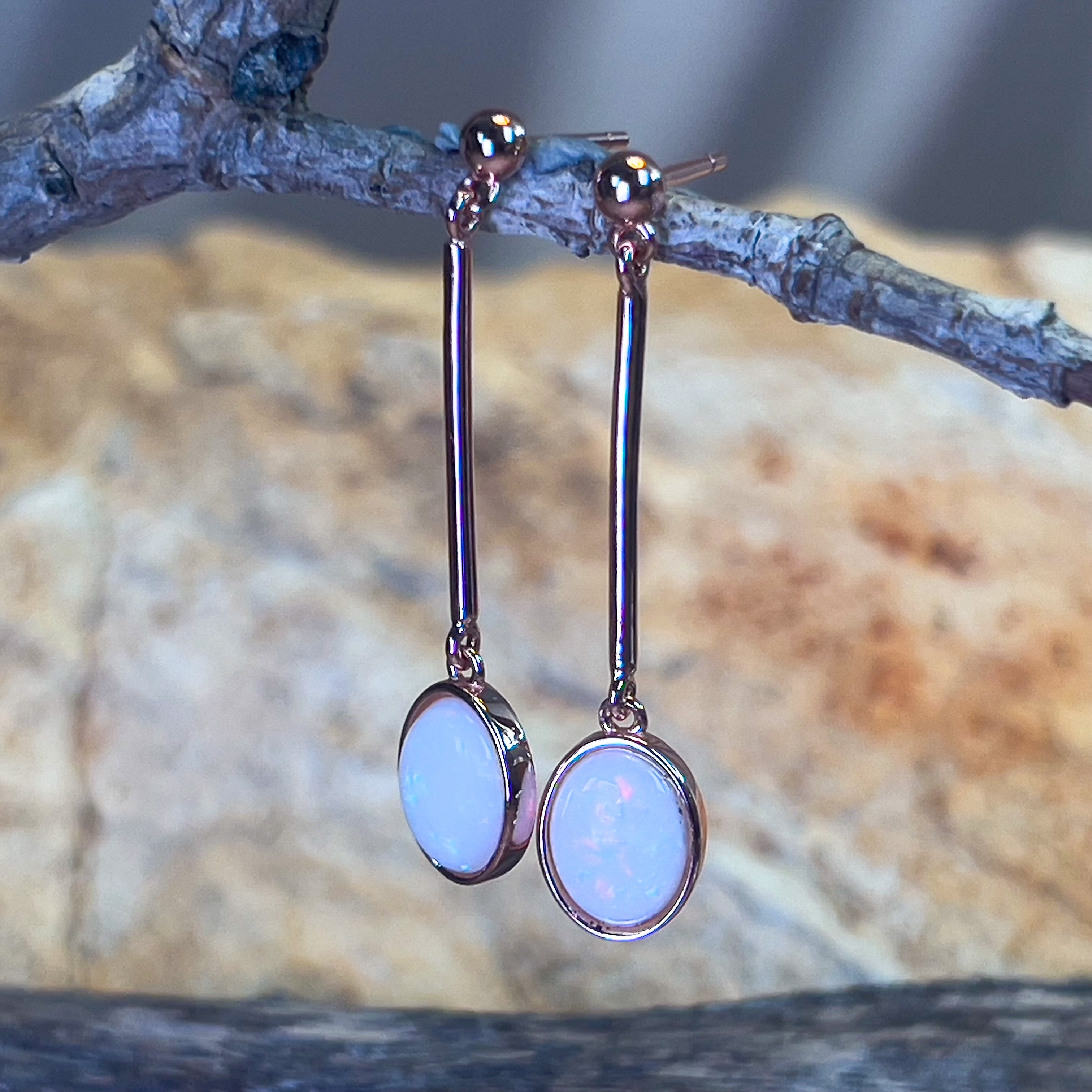 Rose Gold plated Sterling Silver White Opal dangling bar style earrings - Masterpiece Jewellery Opal & Gems Sydney Australia | Online Shop