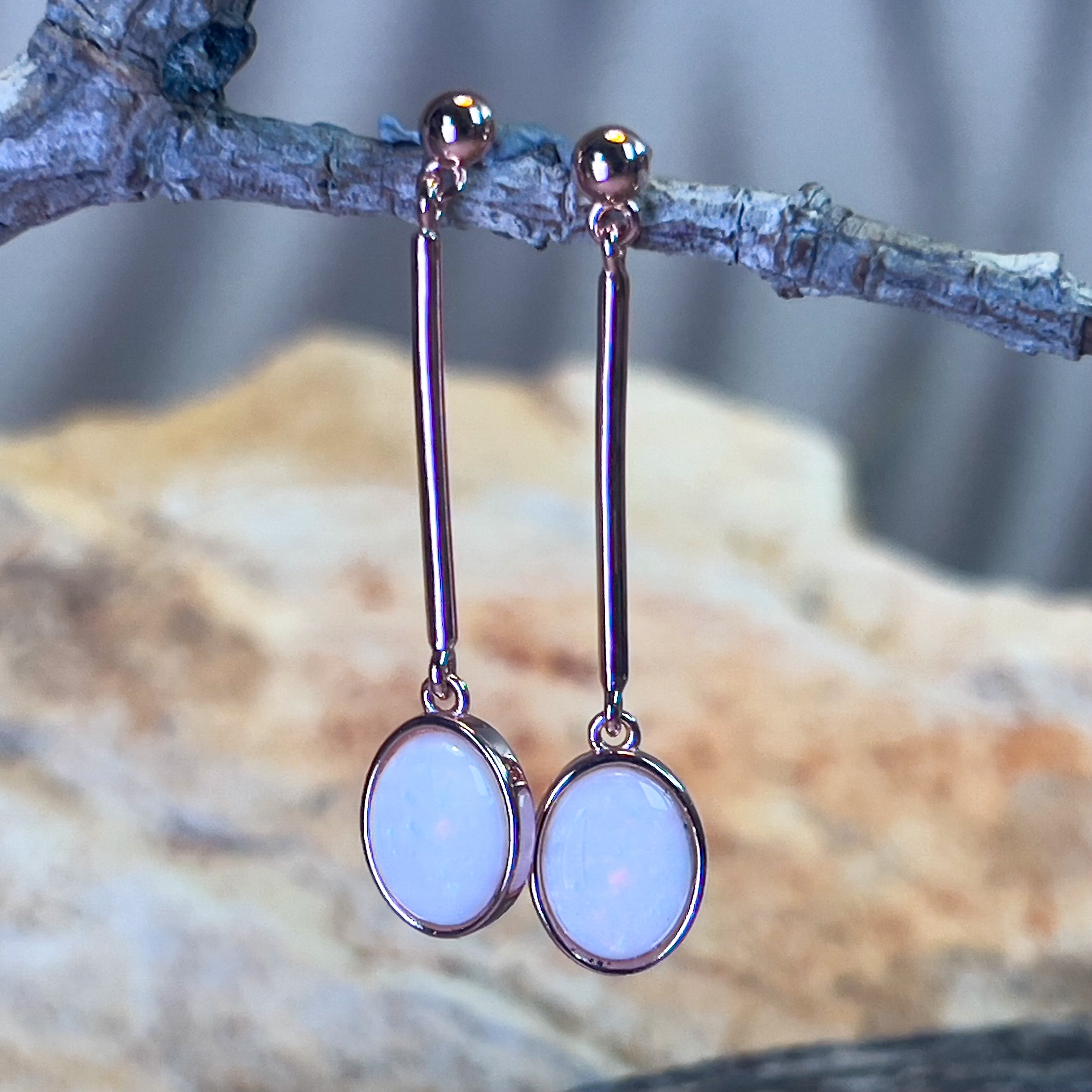 Rose Gold plated Sterling Silver White Opal dangling bar style earrings - Masterpiece Jewellery Opal & Gems Sydney Australia | Online Shop