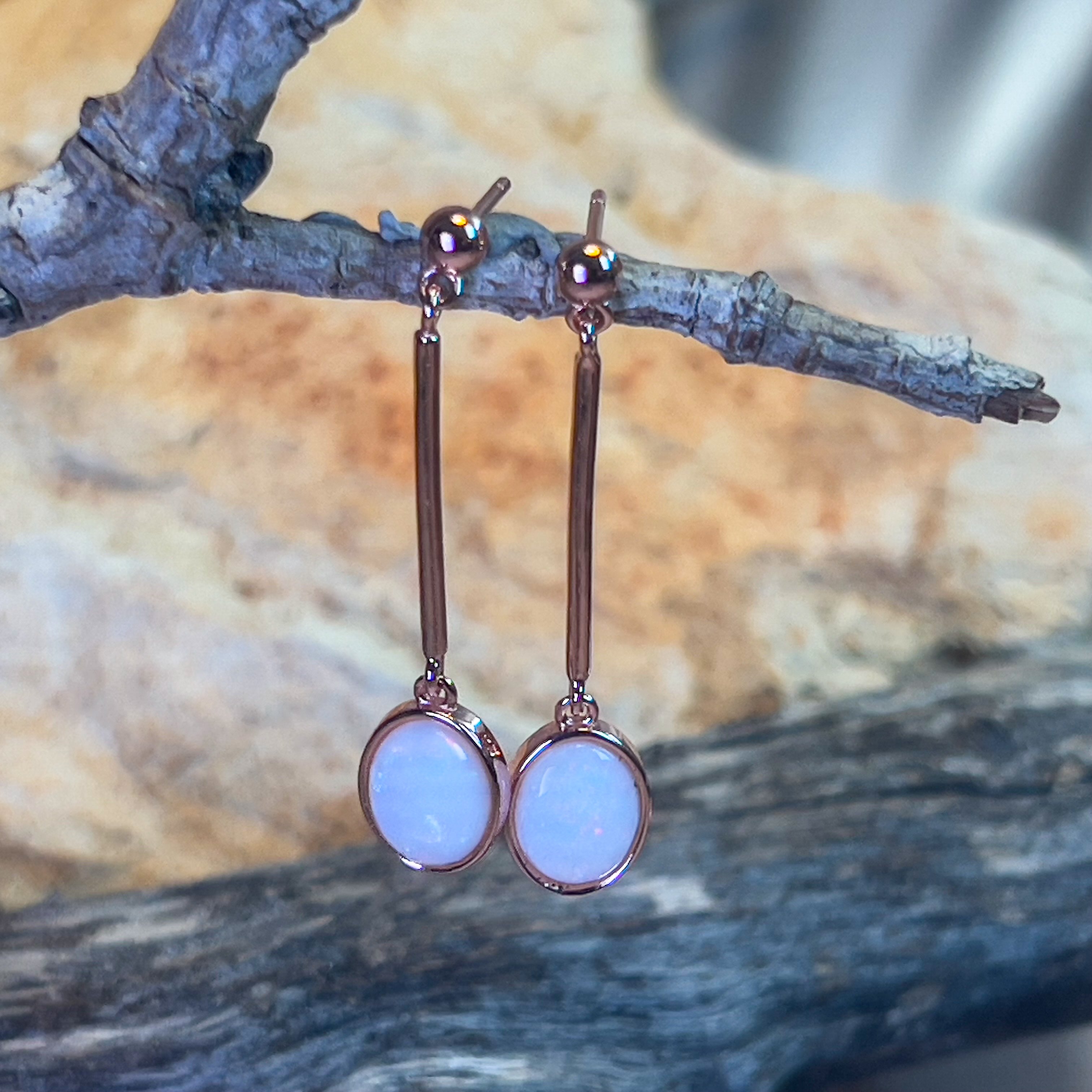 Rose Gold plated Sterling Silver White Opal dangling bar style earrings - Masterpiece Jewellery Opal & Gems Sydney Australia | Online Shop