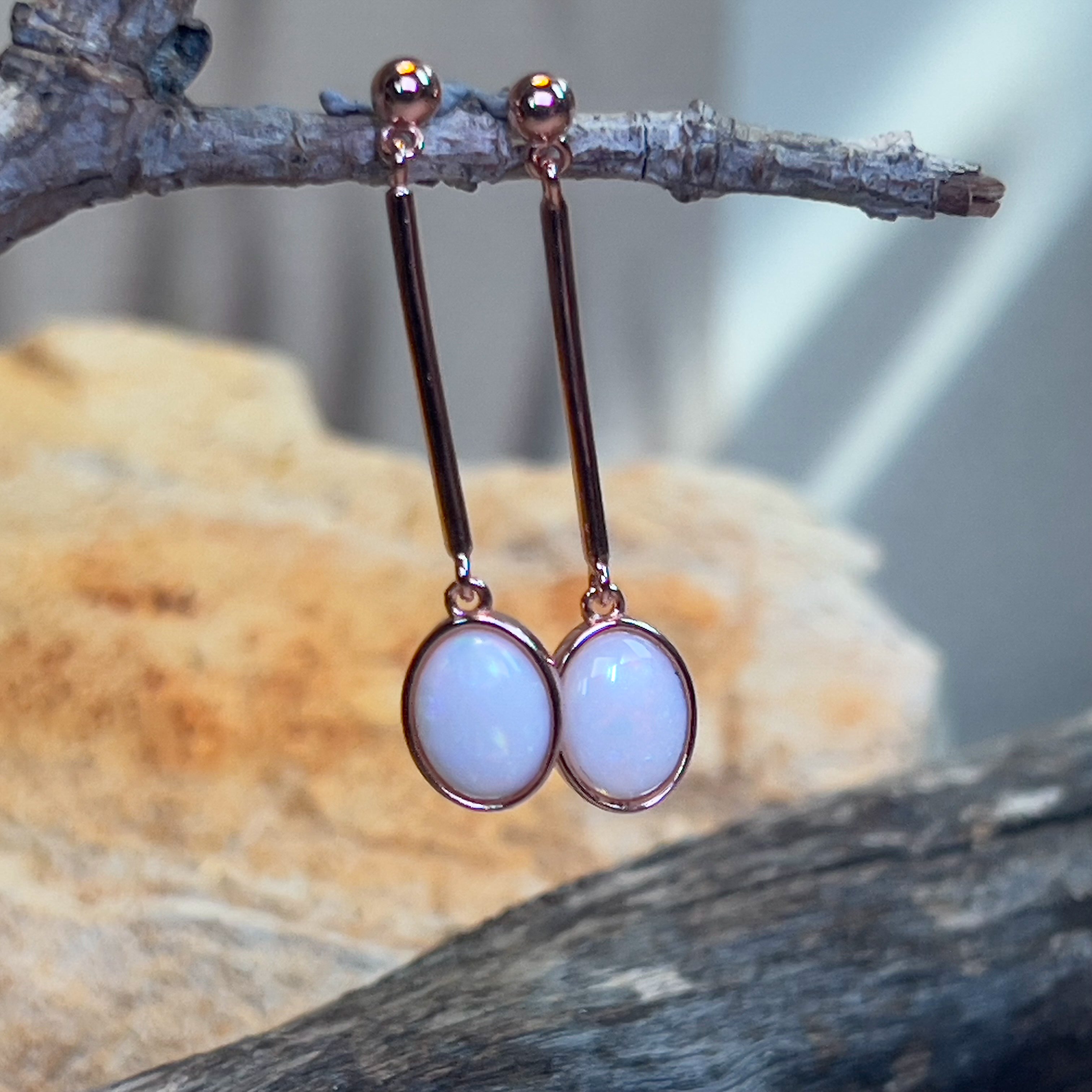 Rose Gold plated Sterling Silver White Opal dangling bar style earrings - Masterpiece Jewellery Opal & Gems Sydney Australia | Online Shop