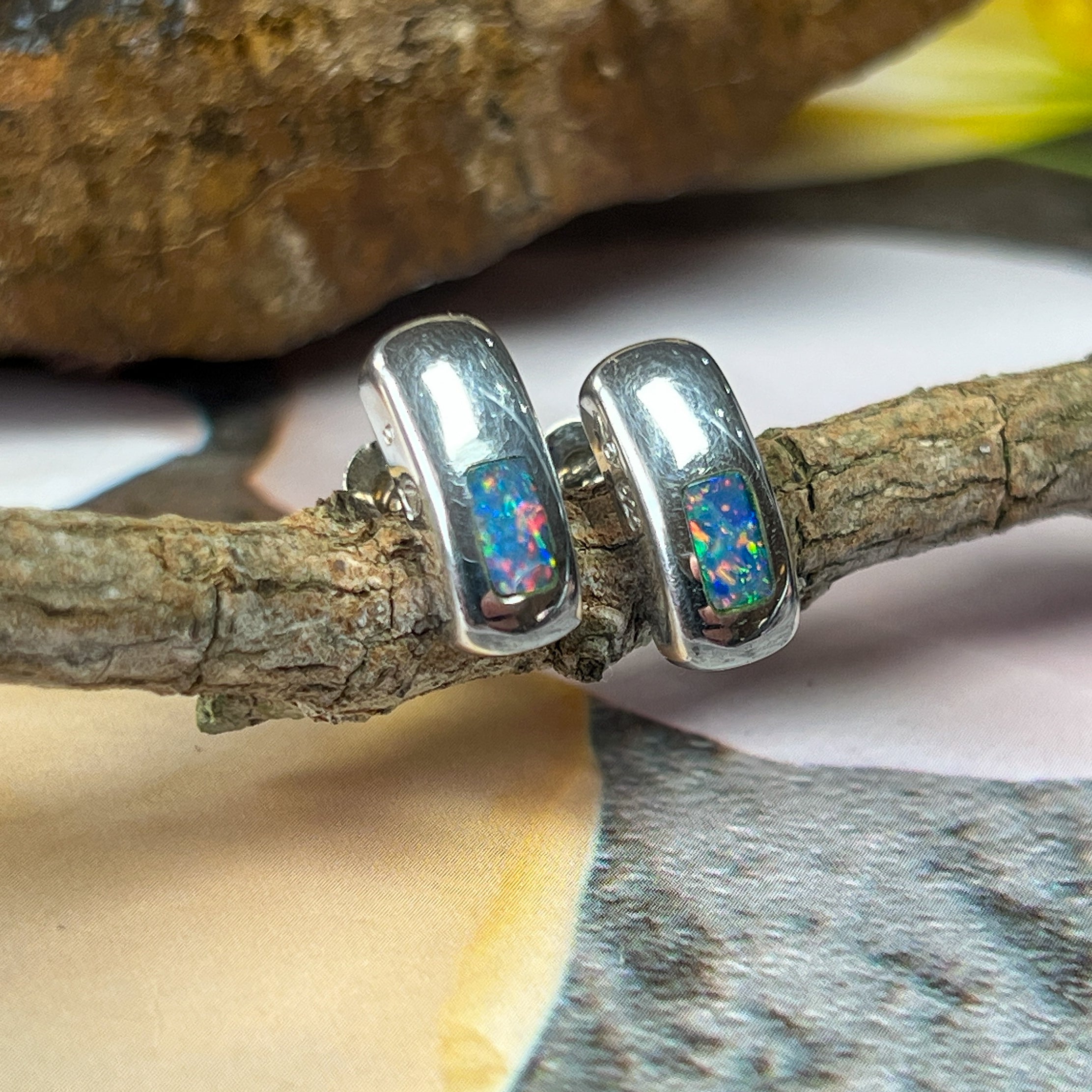 Silver Inlay Opal Earrings - Dainty & Cute Handmade Studs, Minimalist Opal Jewelry, Perfect Birthstone Gift for Her - Masterpiece Jewellery Opal & Gems Sydney Australia | Online Shop