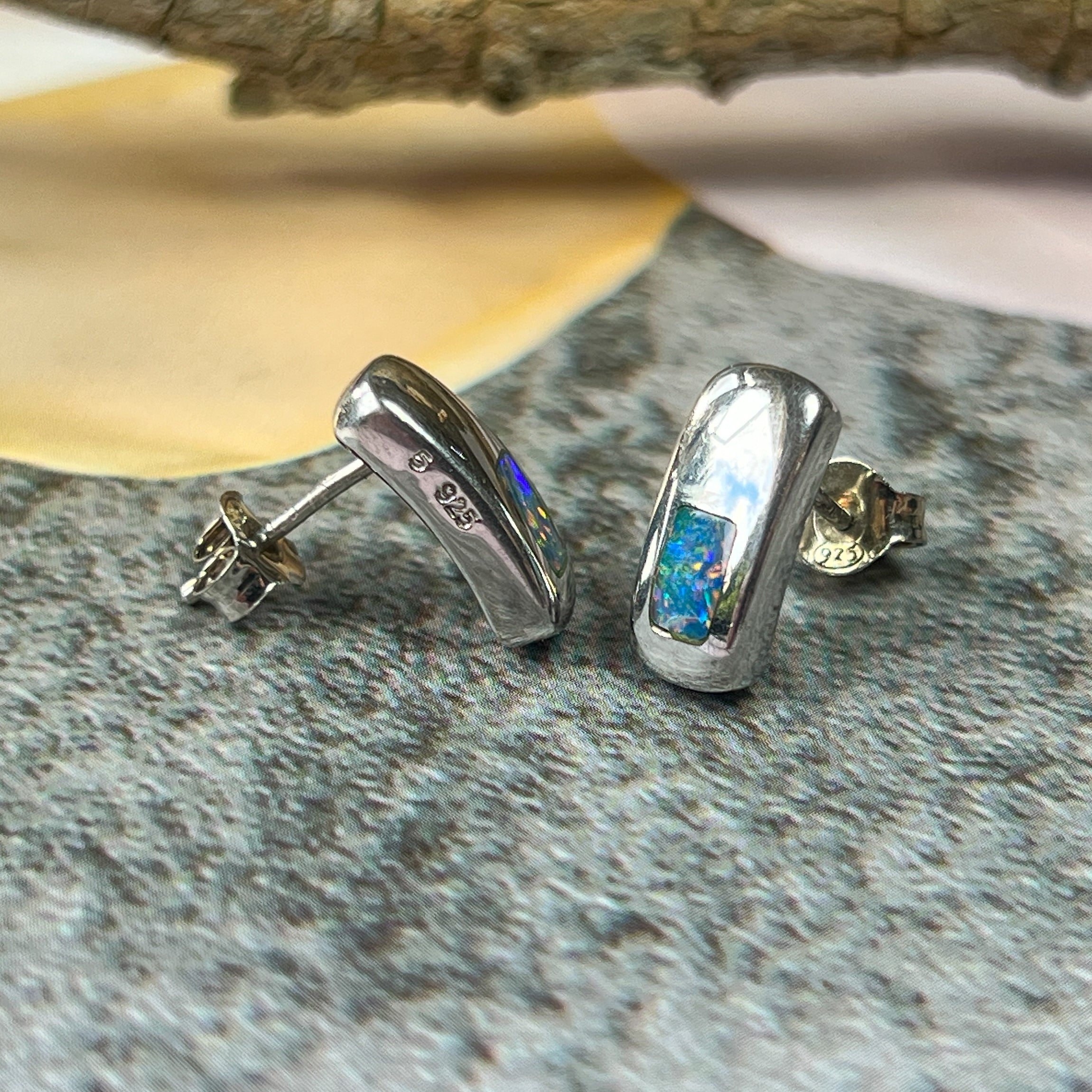 Silver Inlay Opal Earrings - Dainty & Cute Handmade Studs, Minimalist Opal Jewelry, Perfect Birthstone Gift for Her - Masterpiece Jewellery Opal & Gems Sydney Australia | Online Shop