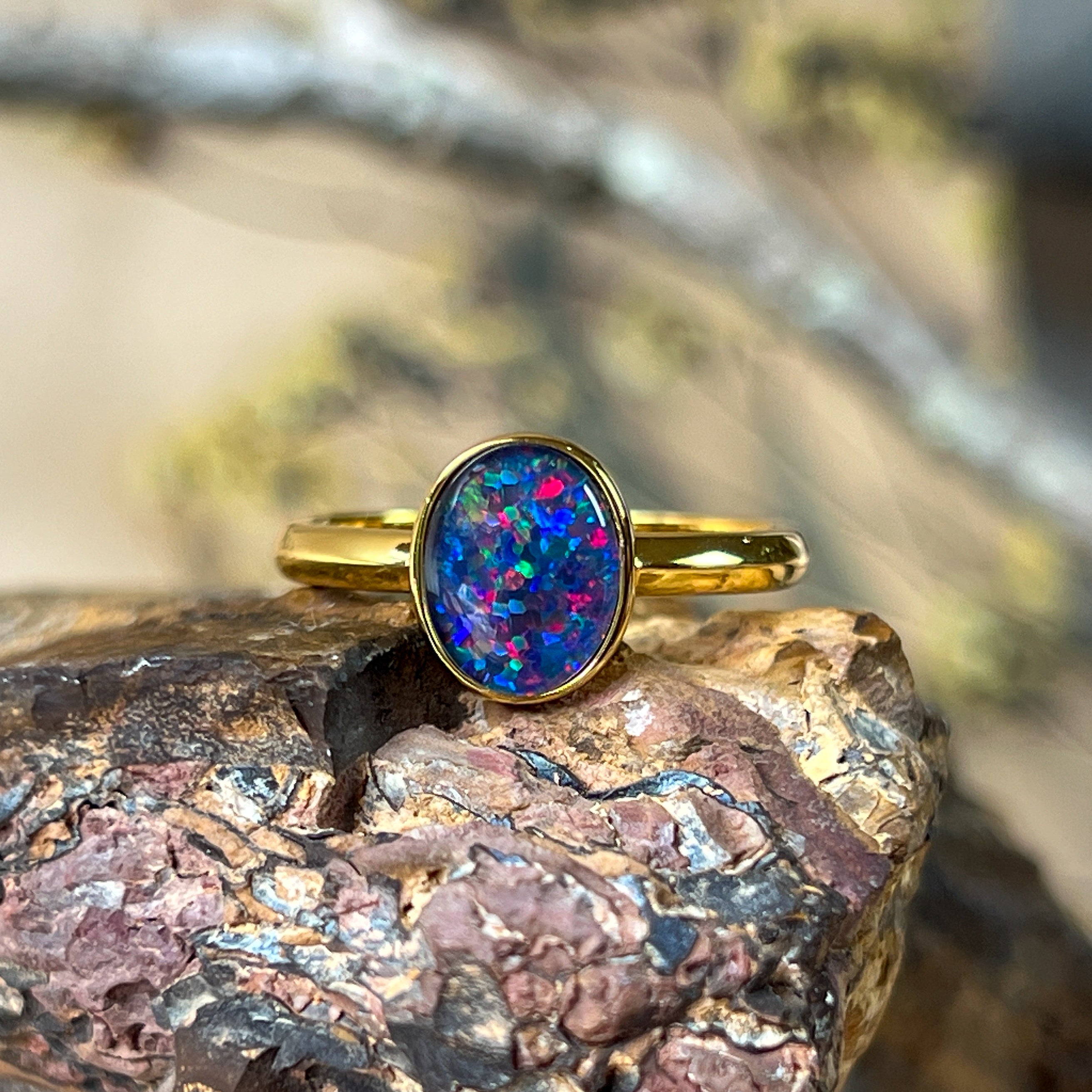 Gold plated sterling silver 9x7mm Triplet Opal ring solitaire bezel set - Masterpiece Jewellery Opal & Gems Sydney Australia | Online Shop