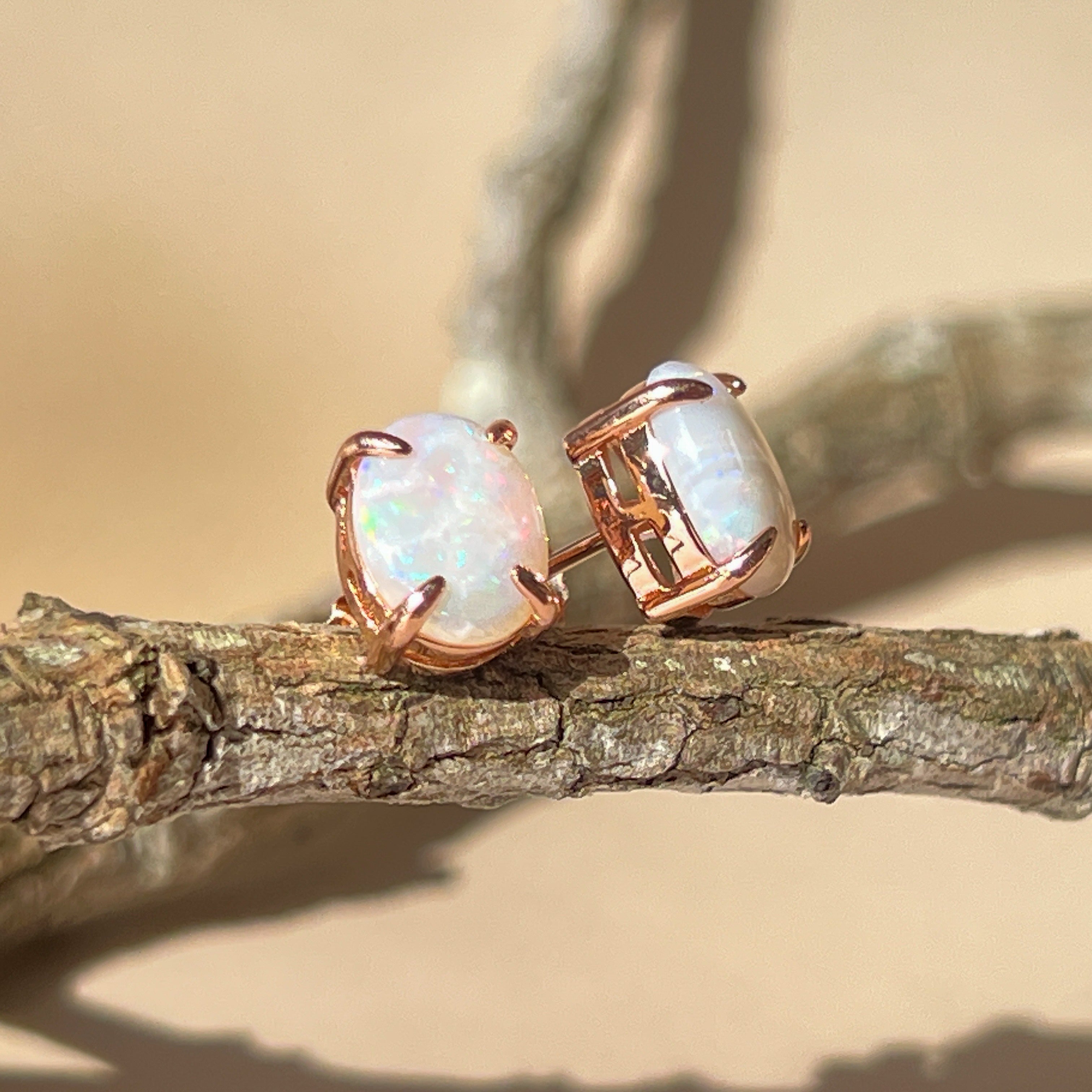 Rose Gold plated Sterling Silver White Opal studs 9x7mm pair - Masterpiece Jewellery Opal & Gems Sydney Australia | Online Shop