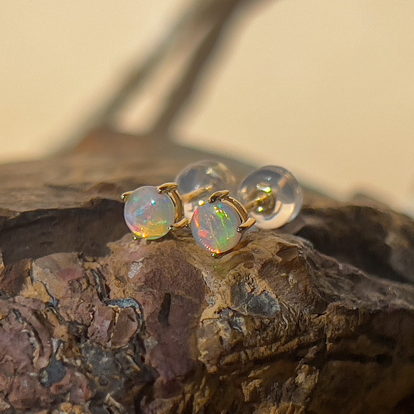 9kt Yellow Gold pair of 4mm Crystal Opal earrings 4 claw set - Masterpiece Jewellery Opal & Gems Sydney Australia | Online Shop