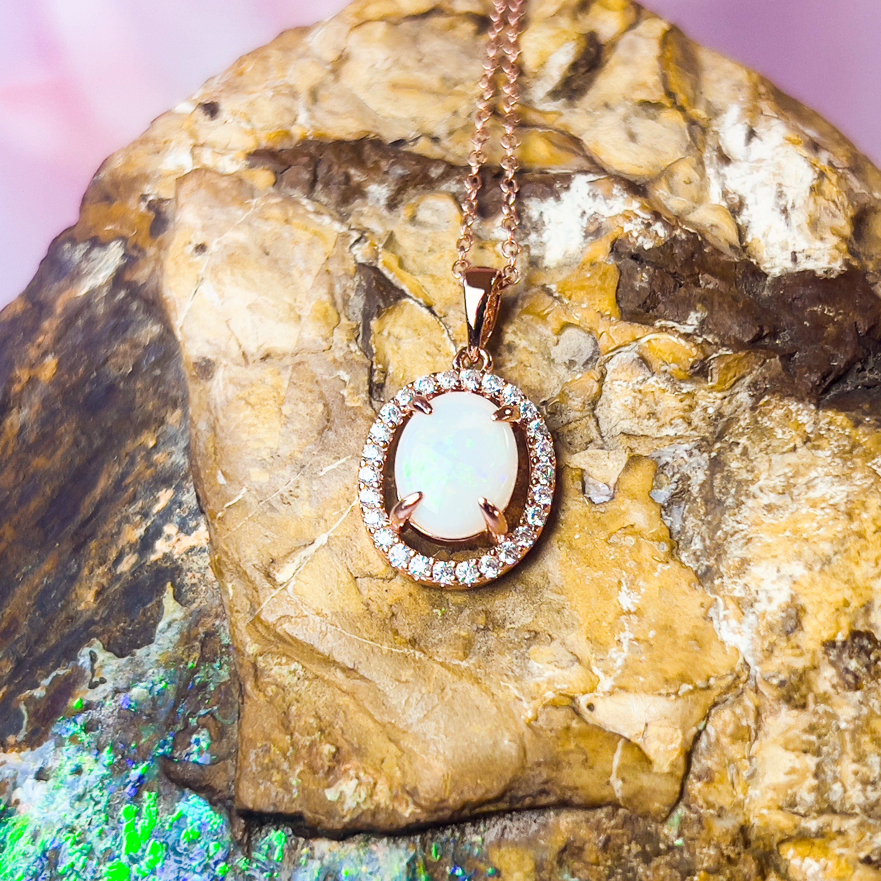 Rose Gold Plated Sterling Silver White Opal Halo Pendant - Dainty, Gold & Silver, Raw & Fire Opal Necklace" - Masterpiece Jewellery Opal & Gems Sydney Australia | Online Shop